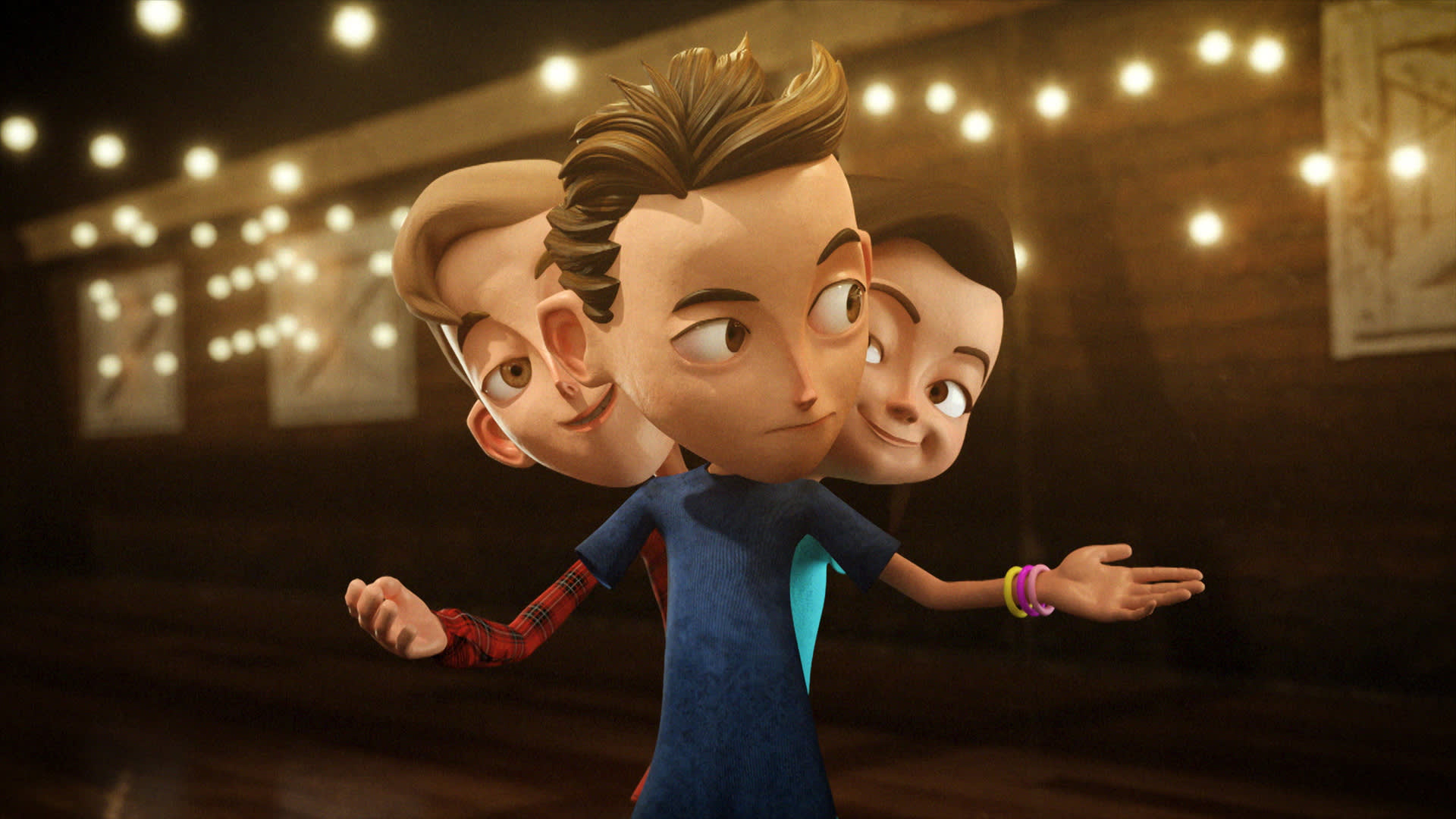 Three animated children stand close together, facing different directions, with their arms outstretched. String lights hang overhead in a warmly lit indoor setting with wooden walls.