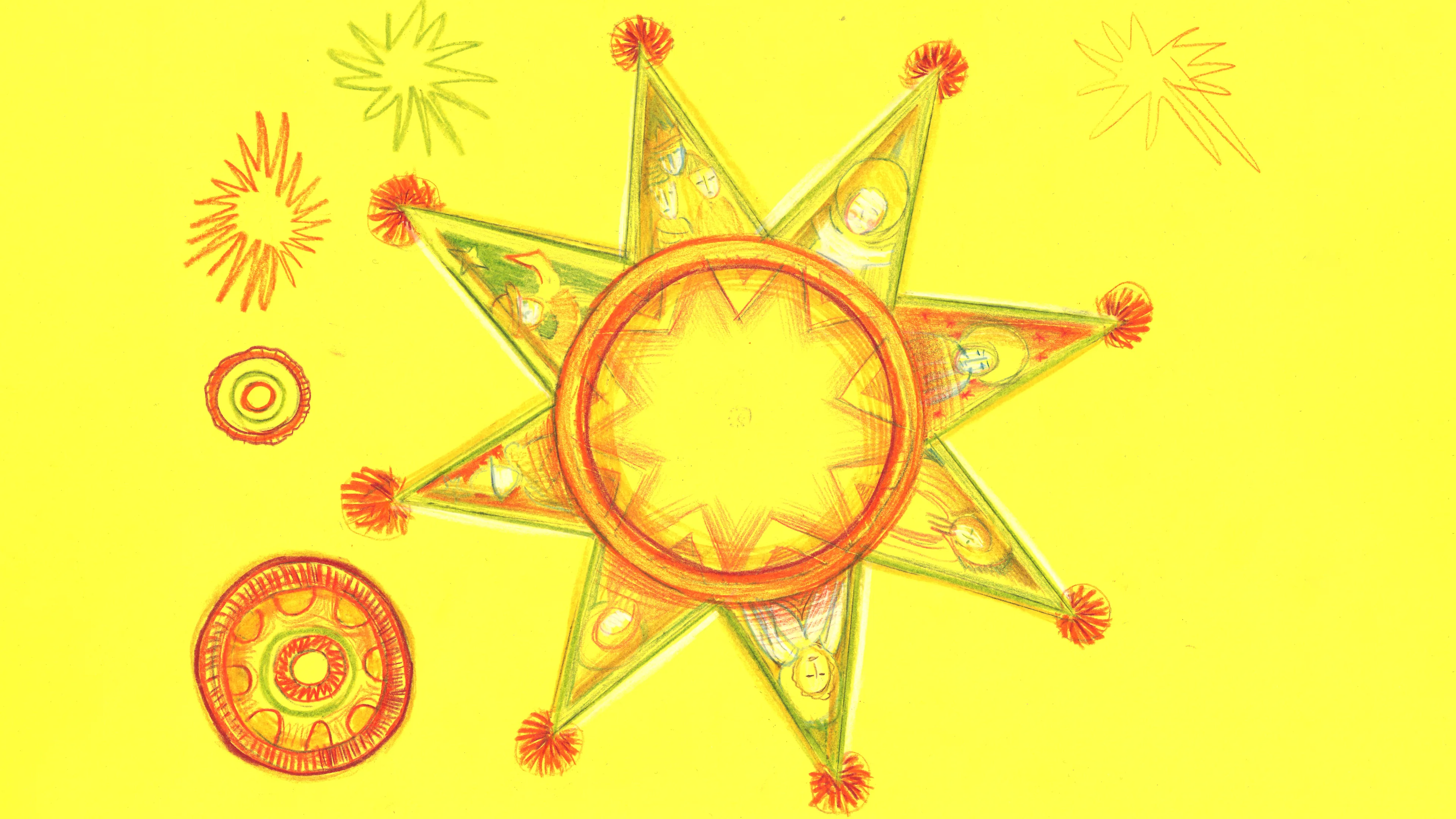 A vibrant yellow background features a large eight-pointed star with orange and green details, surrounded by smaller starbursts and circular patterns, all drawn in warm, sketchy lines.