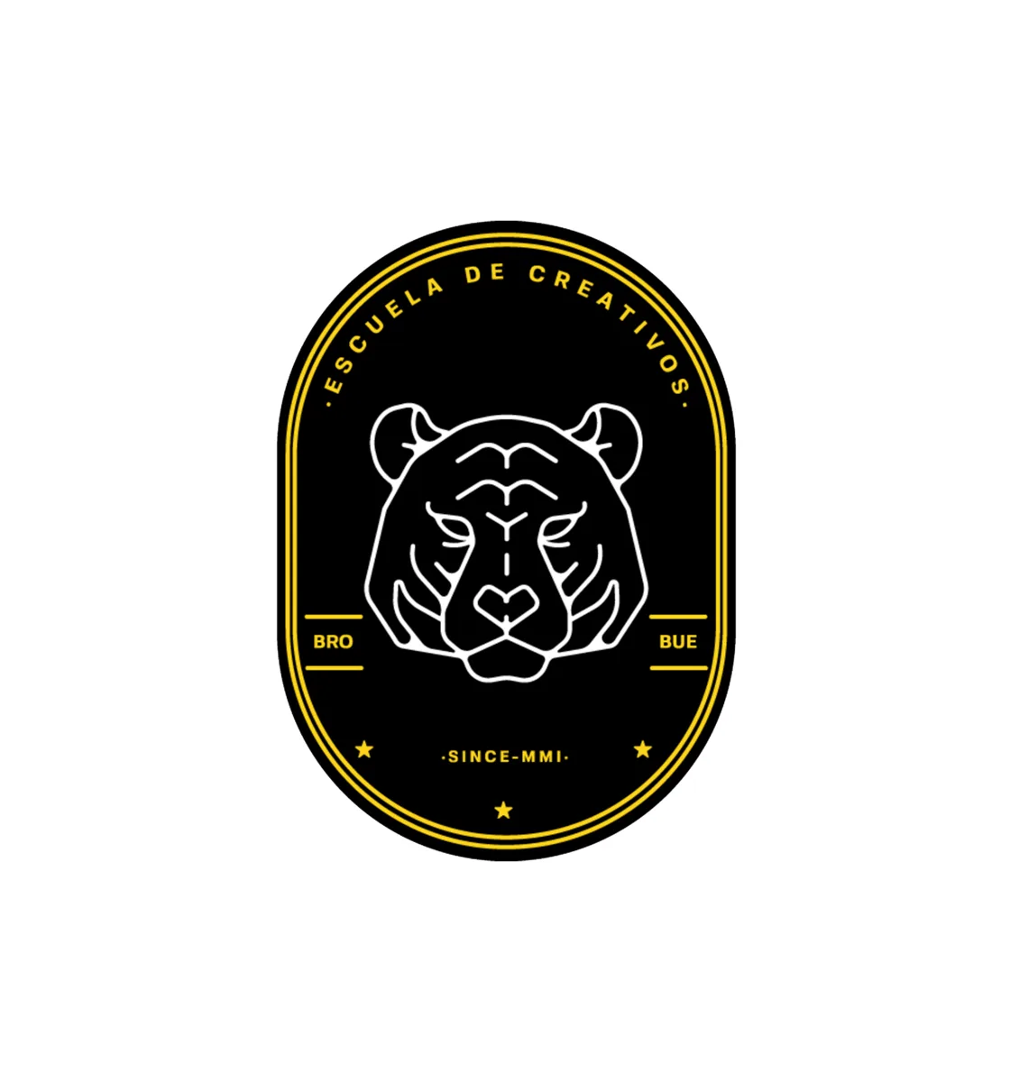 A black badge with a yellow outline featuring a white line drawing of a tiger’s head. The text reads Escuela de Creativos at the top and BRO, BUE, -SINCE-MMI- at the bottom, separated by stars.