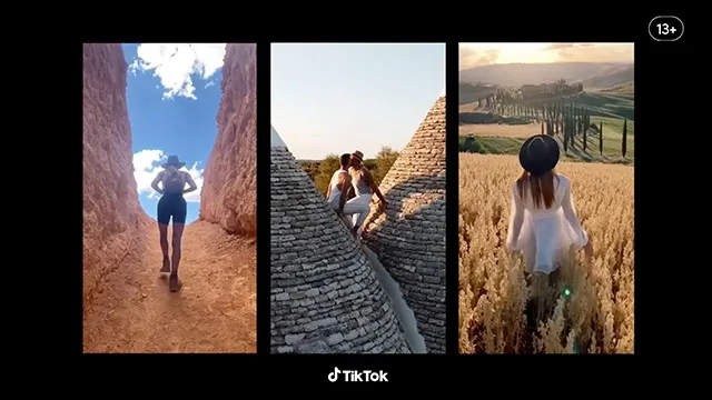 A split-screen image shows three scenes: a person hiking between red rock walls, a couple sitting on stone rooftops, and a person in a white dress walking through a golden field toward rolling hills. TikTok logo is at the bottom.