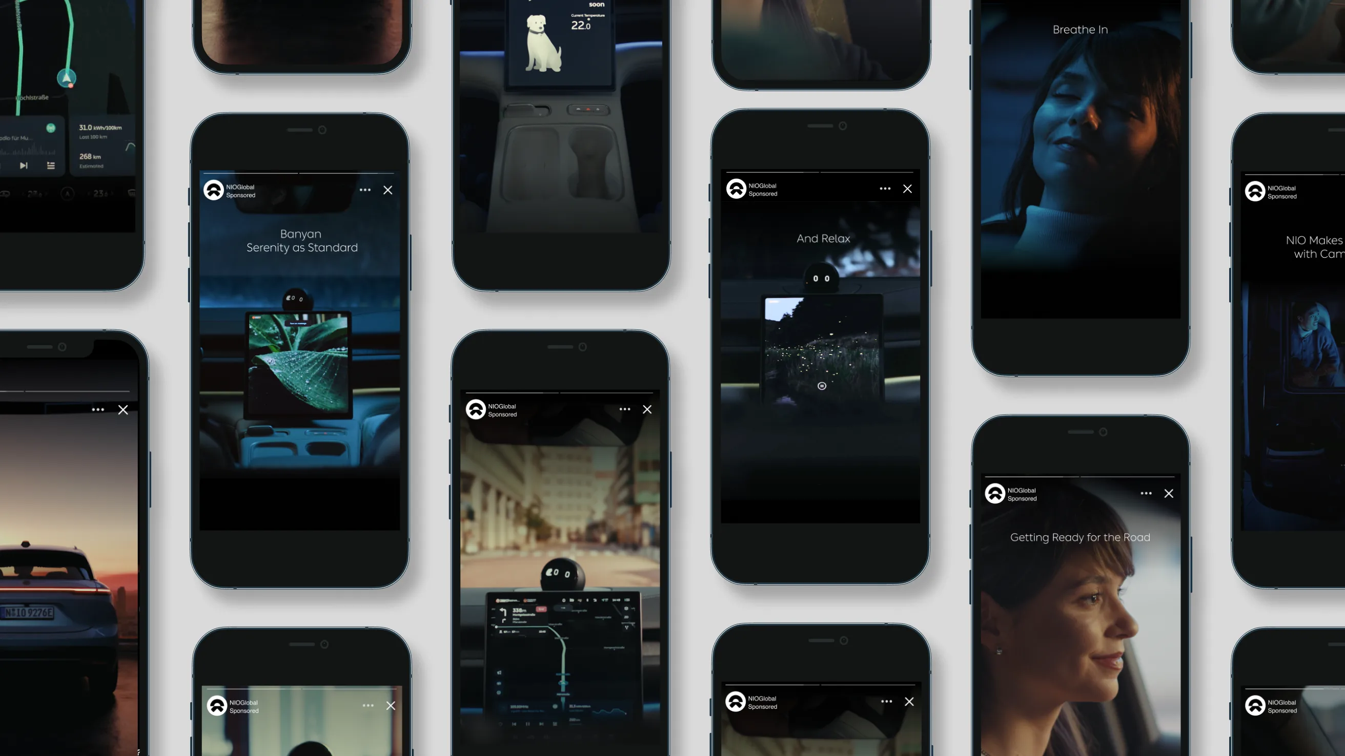 Multiple smartphones display various automotive-themed images, including car interiors, navigation screens, cityscapes, and people engaging with car features, arranged in a grid pattern on a light background.