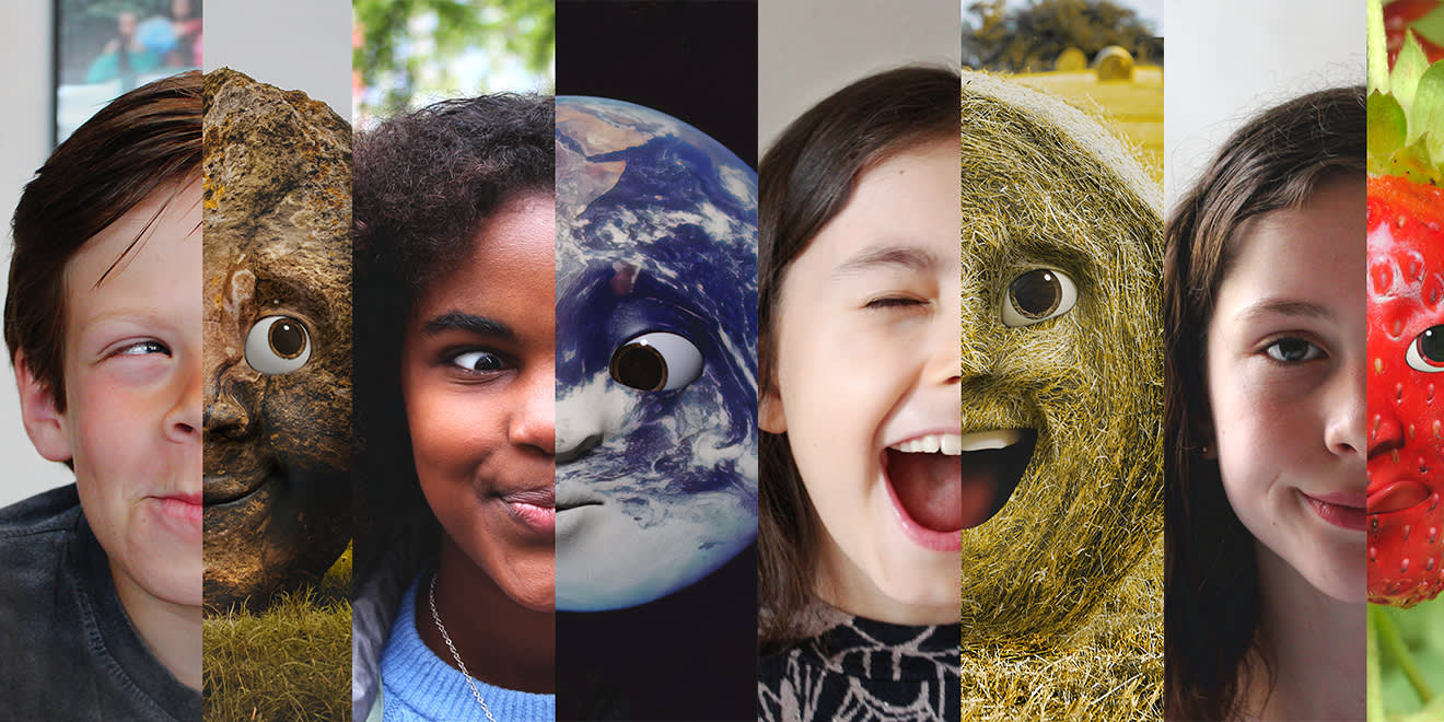 A split-image collage shows faces of children, cartoon grass figures, an animated Earth with a face, and a strawberry with a face, each occupying a vertical slice, blending reality and fantasy.