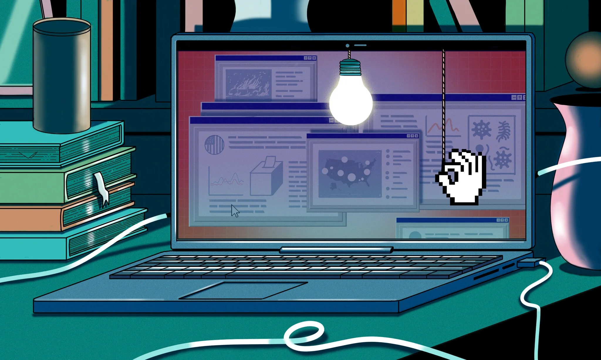 An illustrated laptop sits on a desk with browser windows open on its screen. A large cursor hand pulls a lit bulb’s cord above the keyboard. Books, a mug, and wires surround the laptop in a colorful, stylized scene.