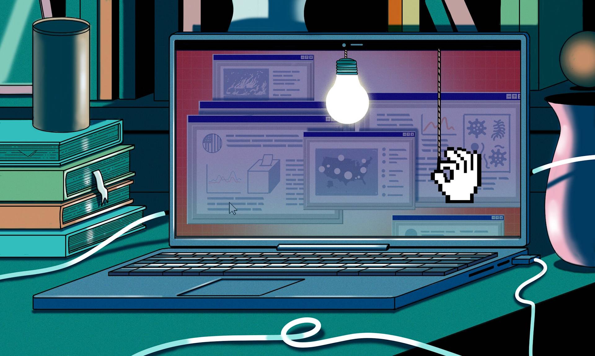 An illustrated laptop sits on a desk with browser windows open on its screen. A large cursor hand pulls a lit bulb’s cord above the keyboard. Books, a mug, and wires surround the laptop in a colorful, stylized scene.