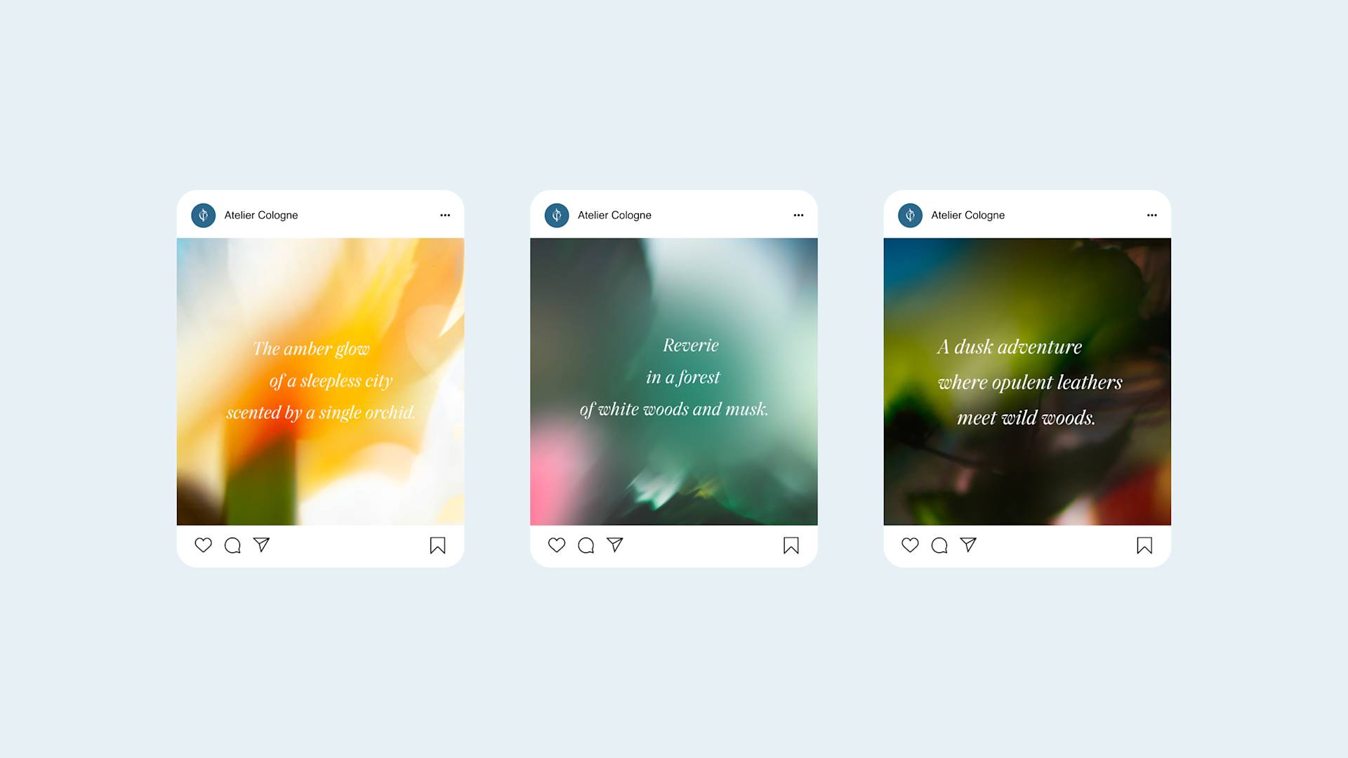 Three Instagram-style posts with blurred, colorful backgrounds and poetic perfume descriptions in white text: The amber glow..., Reverie in a forest..., and A dusk adventure..., by Atelier Cologne.