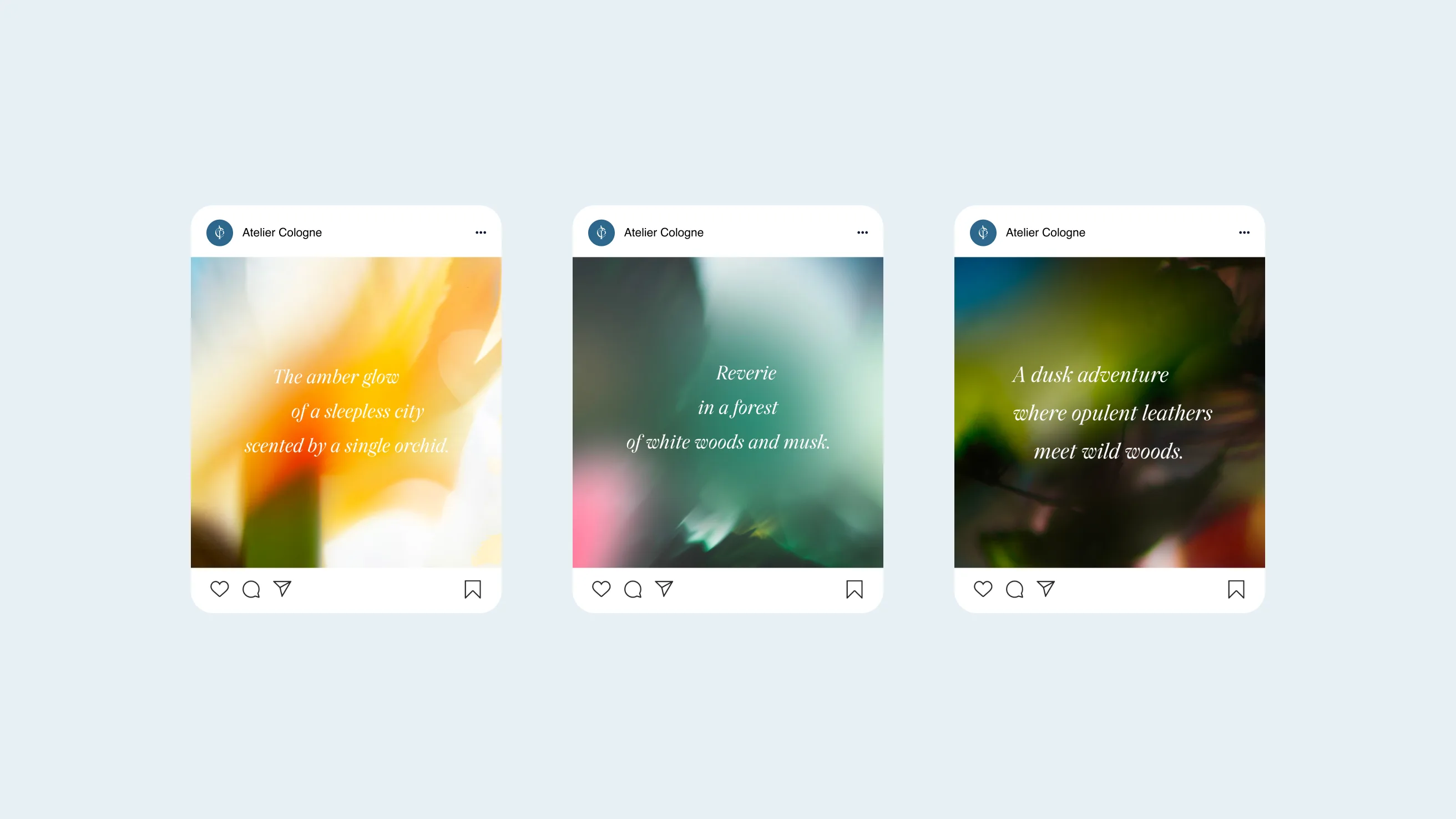 Three Instagram-style posts with blurred, colorful backgrounds and poetic perfume descriptions in white text: The amber glow..., Reverie in a forest..., and A dusk adventure..., by Atelier Cologne.