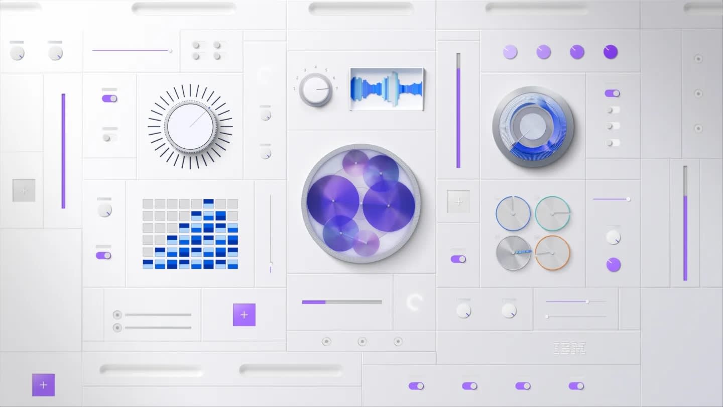 A digital abstract interface with circular dials, sliders, and blue and purple geometric shapes arranged on a white background, evoking a futuristic control panel design.
