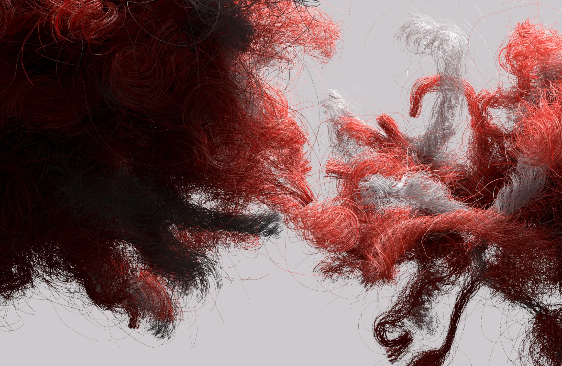 Red, black, and white tangled, curly fibers or threads swirl and intertwine against a light gray background, forming abstract, cloud-like shapes that nearly touch in the center.