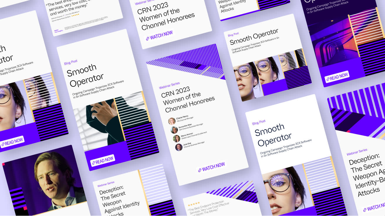 A collage of digital cards featuring blog posts, webinars, and event announcements with titles like Smooth Operator and CRN 2023 Women of the Channel Honorees, accented by purple graphic elements and portrait photos.