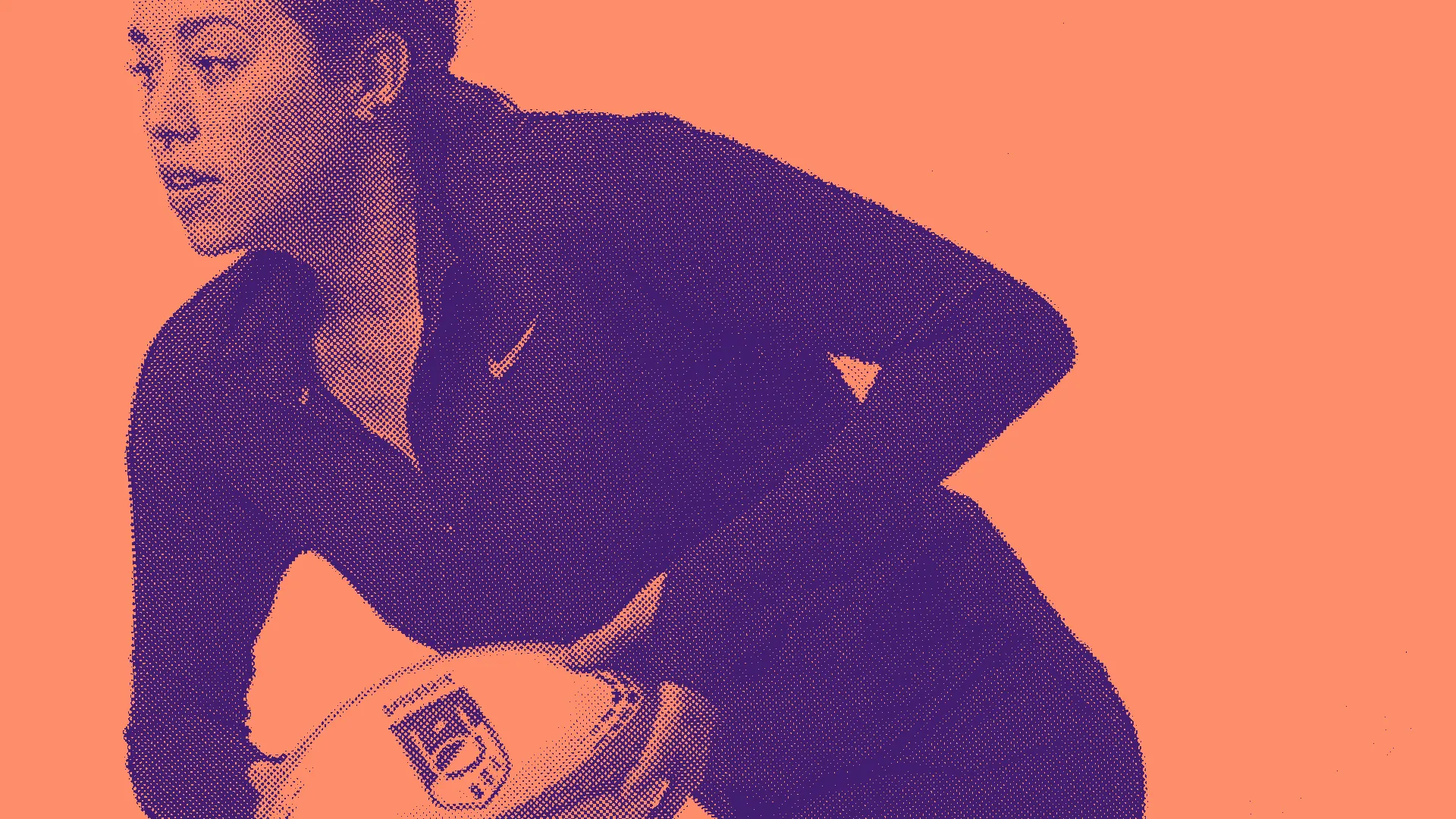 A woman in athletic clothing holds a rugby ball, looking to her right. The image has a duotone effect with orange and purple hues.