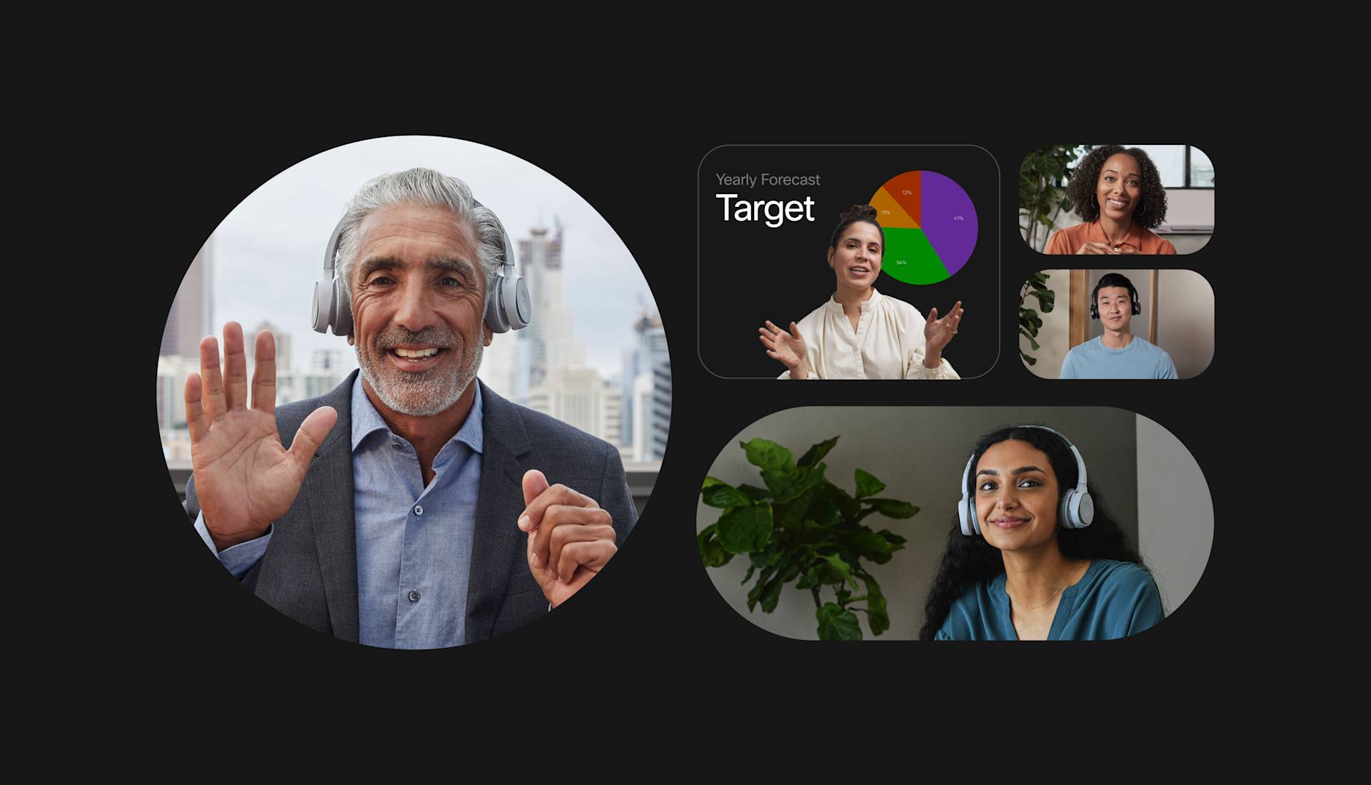 A man wearing headphones waves during a video call, while four other people appear in smaller frames, including one presenting a chart labeled Yearly Forecast Target.