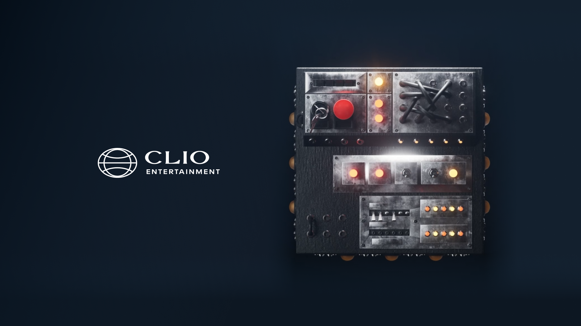 A metallic control panel with buttons, switches, and lights sits on a dark background. Left of the panel is the CLIO Entertainment logo, featuring a globe icon and text in white.