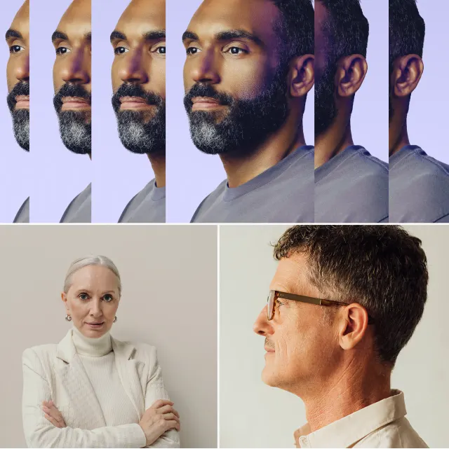 A collage with five side-by-side portraits of a bearded man, a seated older woman with gray hair, and a profile view of a man with glasses.