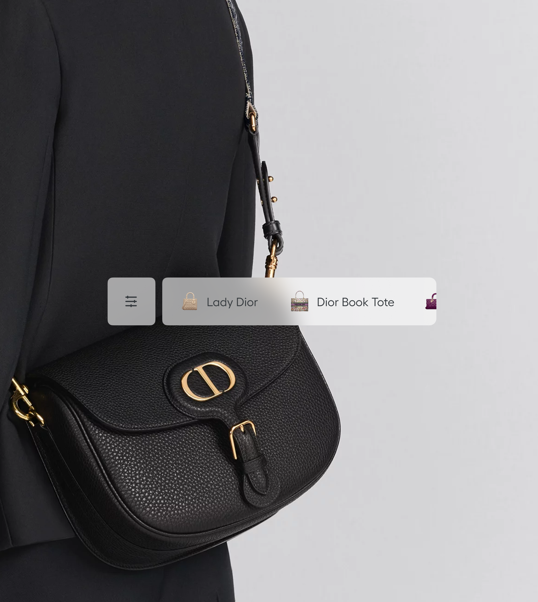 A person in a black outfit carries a black textured leather shoulder bag with a gold-tone CD buckle; a digital overlay shows menu options for Lady Dior and Dior Book Tote.
