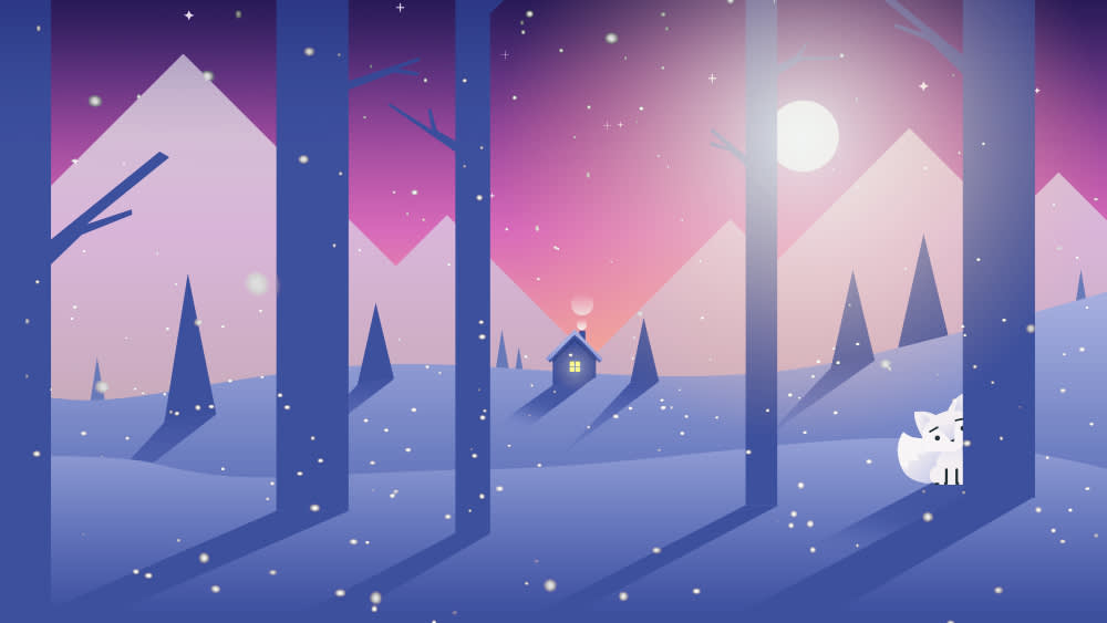 A snowy forest at sunset with tall trees, distant mountains, a small cabin with a lit window, and a white fox peeking from behind a tree. Snowflakes gently fall across the serene winter scene.