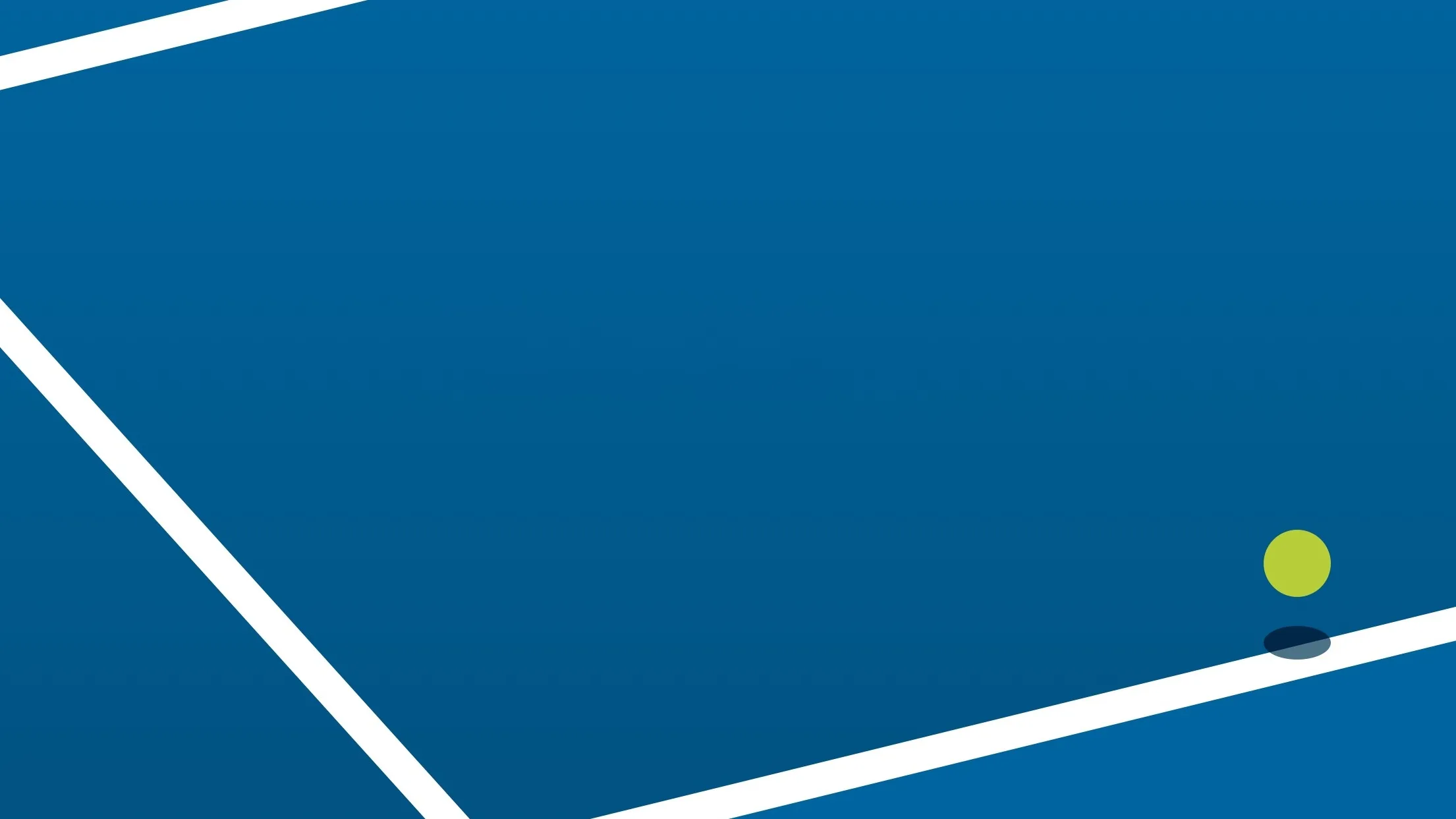 On a blue background sits three straight white diagonal lines in the corners, representing a tennis court. In the bottom right-hand corner of the graphic sits a lime circle with a shadow underneath, representing a bouncing tennis ball.