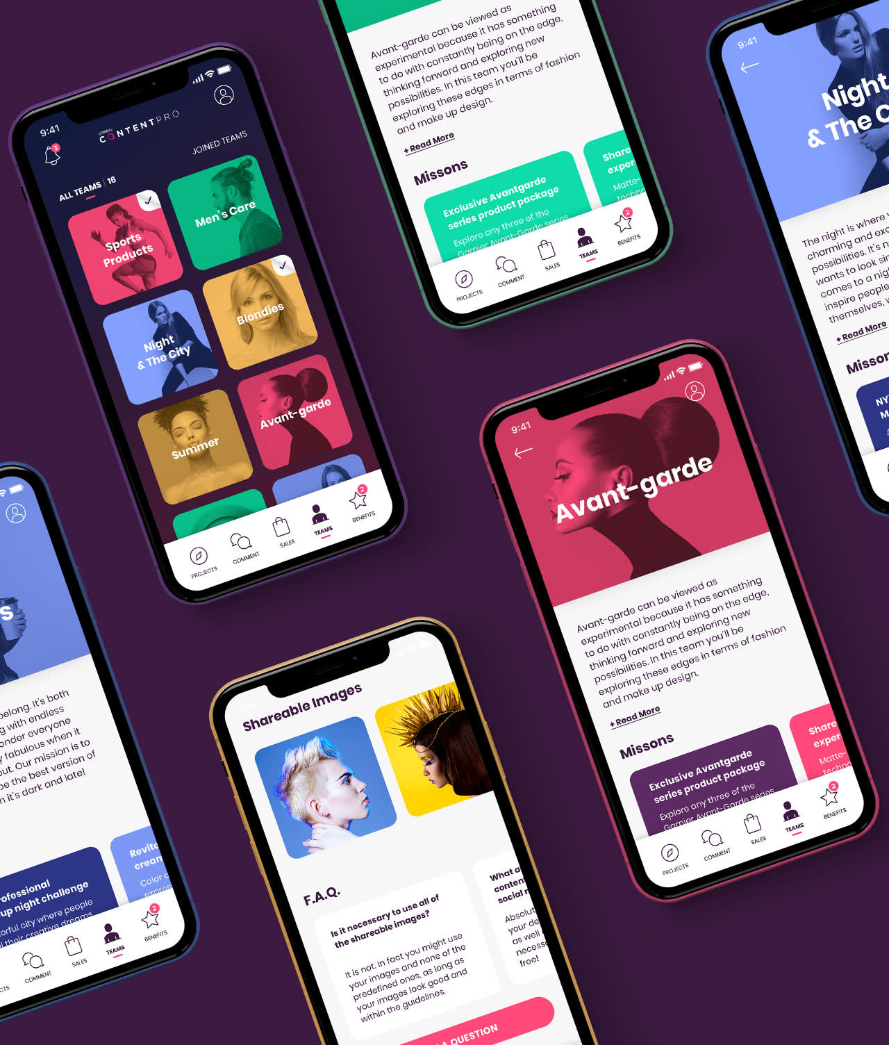 Six smartphones display a vibrant fashion-themed mobile app interface with colorful sections, user profiles, missions, exclusive content, sharable images, and navigation icons on a dark purple background.
