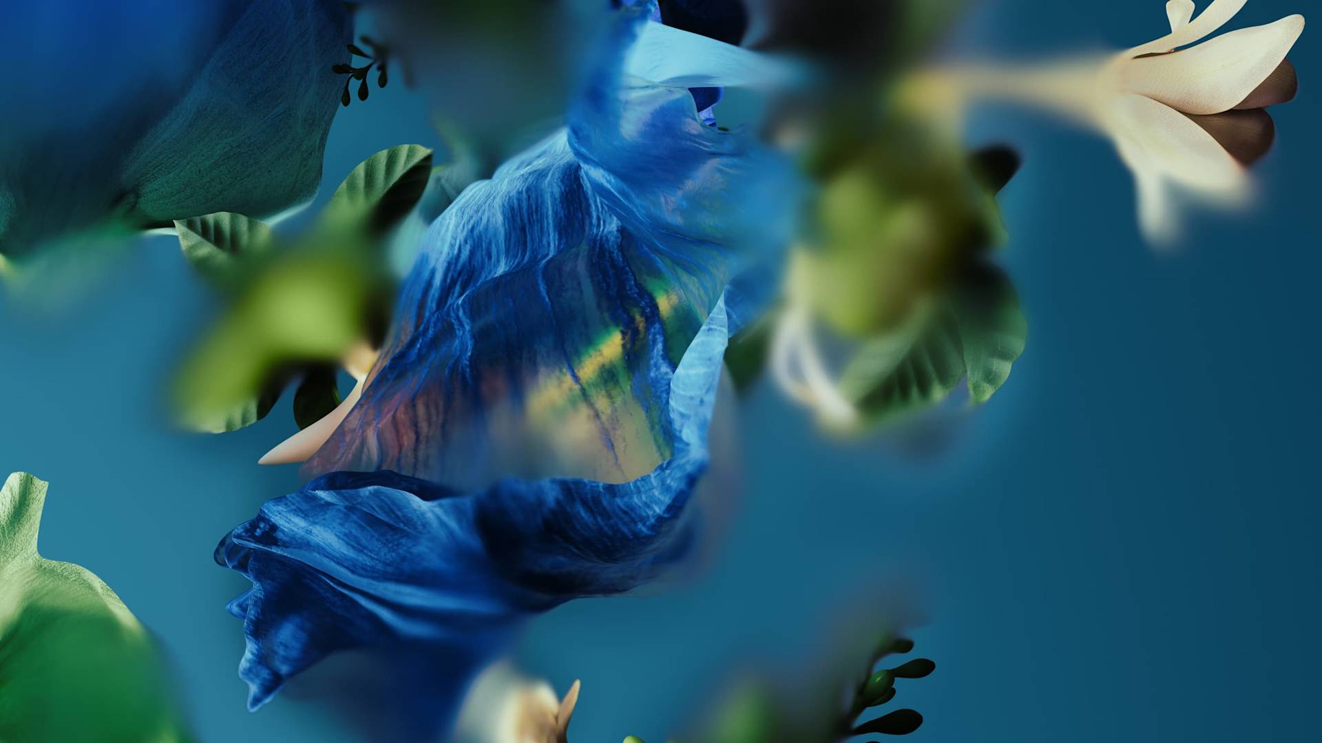 A vibrant abstract image featuring swirling blue and green shapes resembling flower petals and leaves, set against a smooth teal background. Splashes of cream and hints of orange add depth and visual interest.