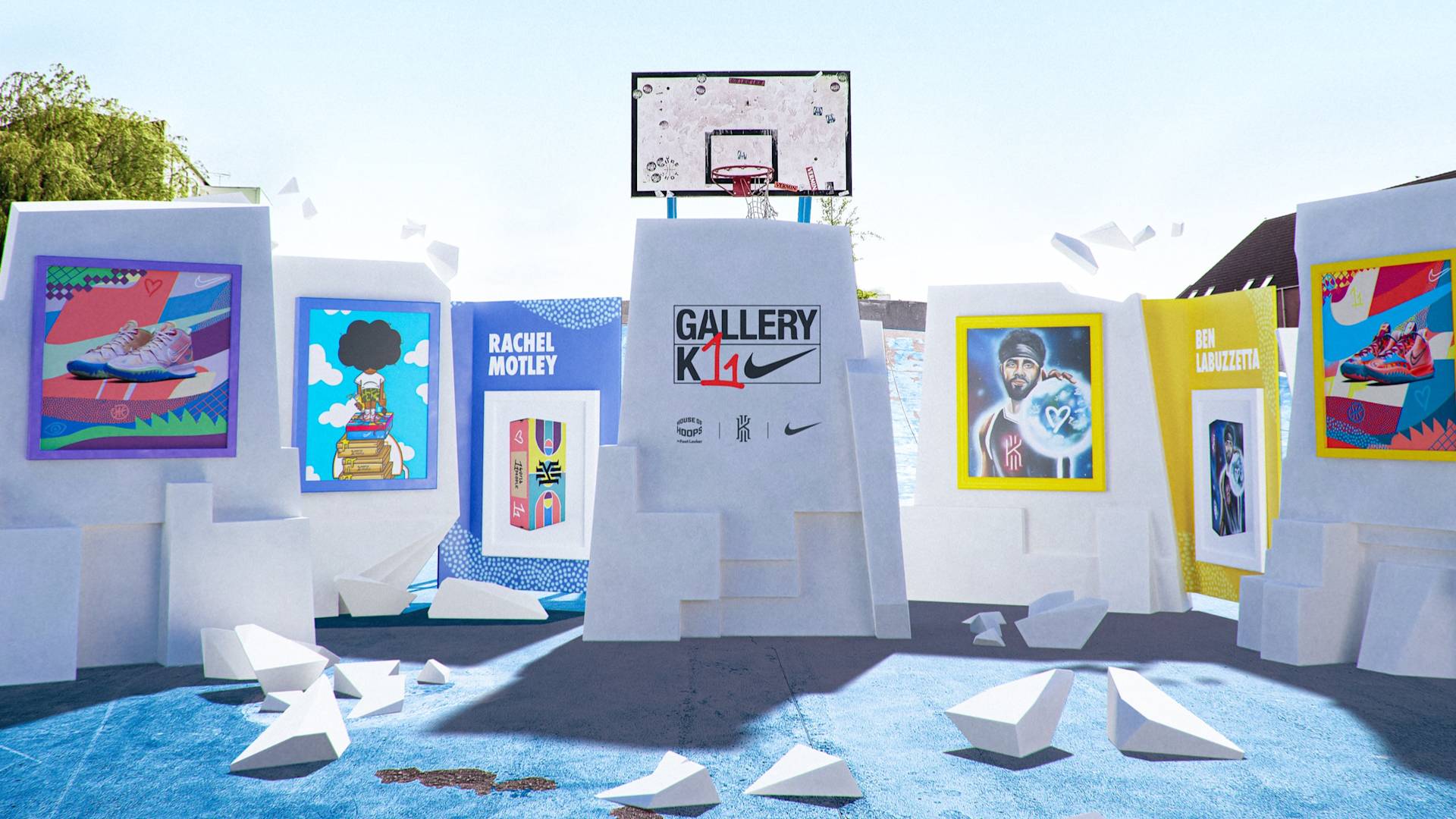 An outdoor basketball court features colorful art panels, shoe illustrations, and portraits under a hoop. The panels display names like Rachel Motley and Ben Abusch-Magder, with debris and white blocks scattered on the blue court.
