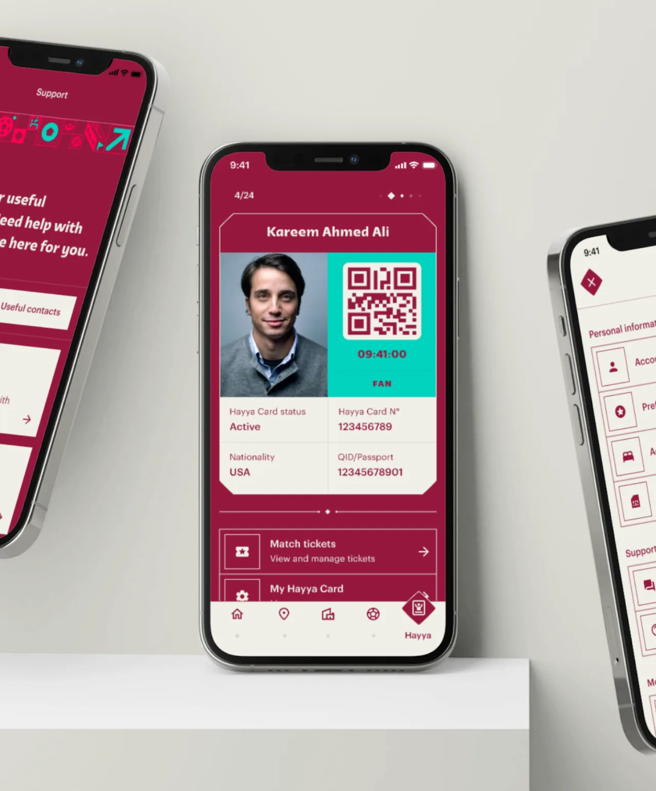 Three smartphones display a sports event app. The center phone shows a digital ID card for Kareem Ahmed Ali with a photo, QR code, nationality (USA), and personal details. The other screens show menu and support options.