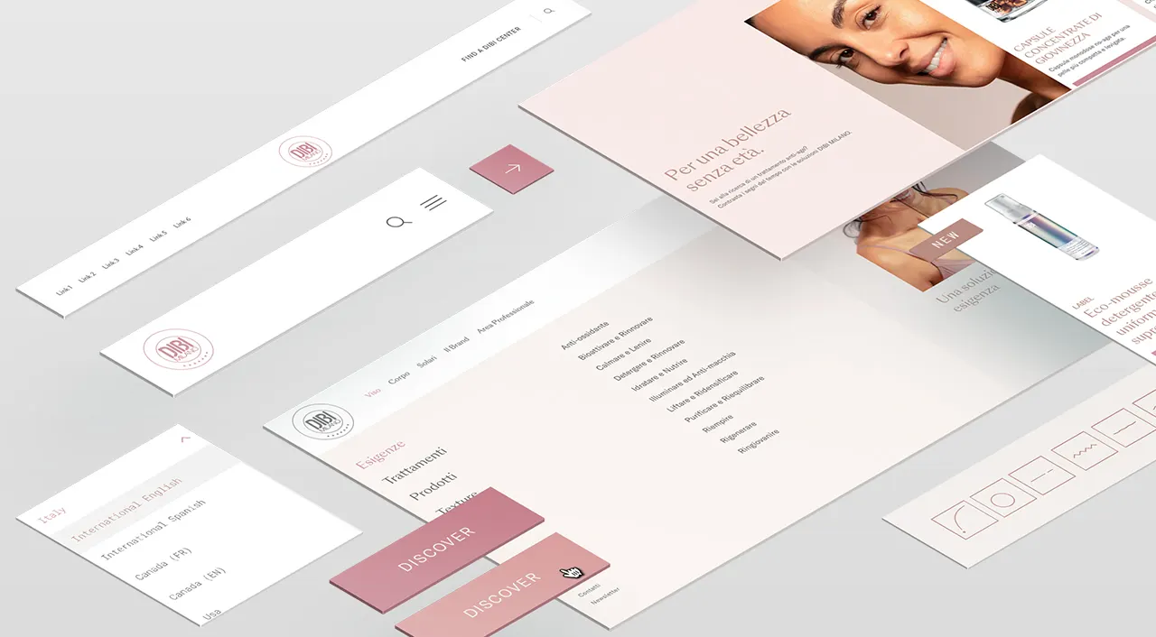 A collage of a beauty website’s interface featuring navigation menus, product categories, a smiling woman, minimalist icons, and soft pink and beige accents on a clean, modern layout.