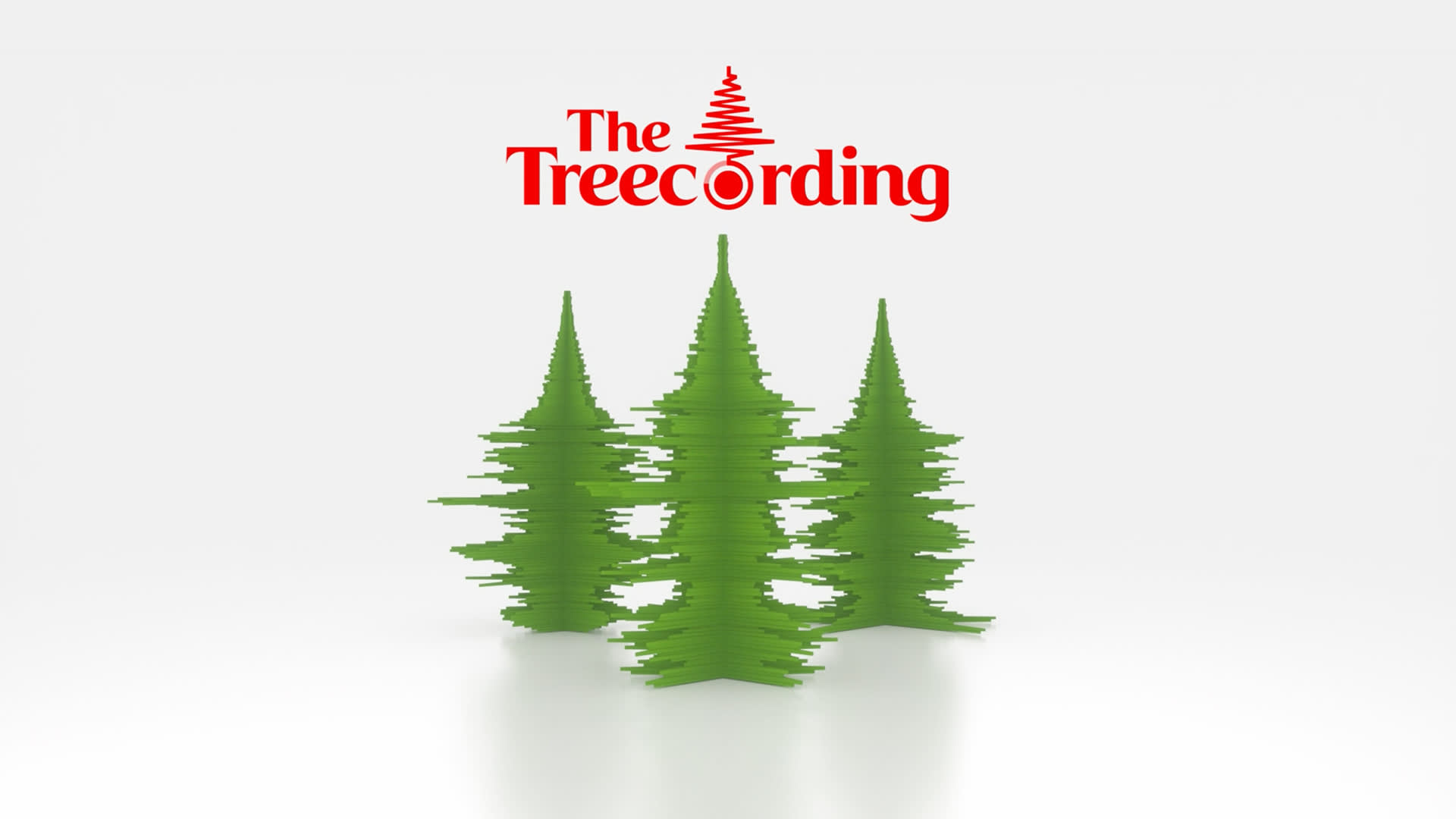 Three green, stylized trees resembling sound waveforms stand beneath the red text The Treecording, with a tree-shaped icon replacing the letter A in the word. The background is plain white.