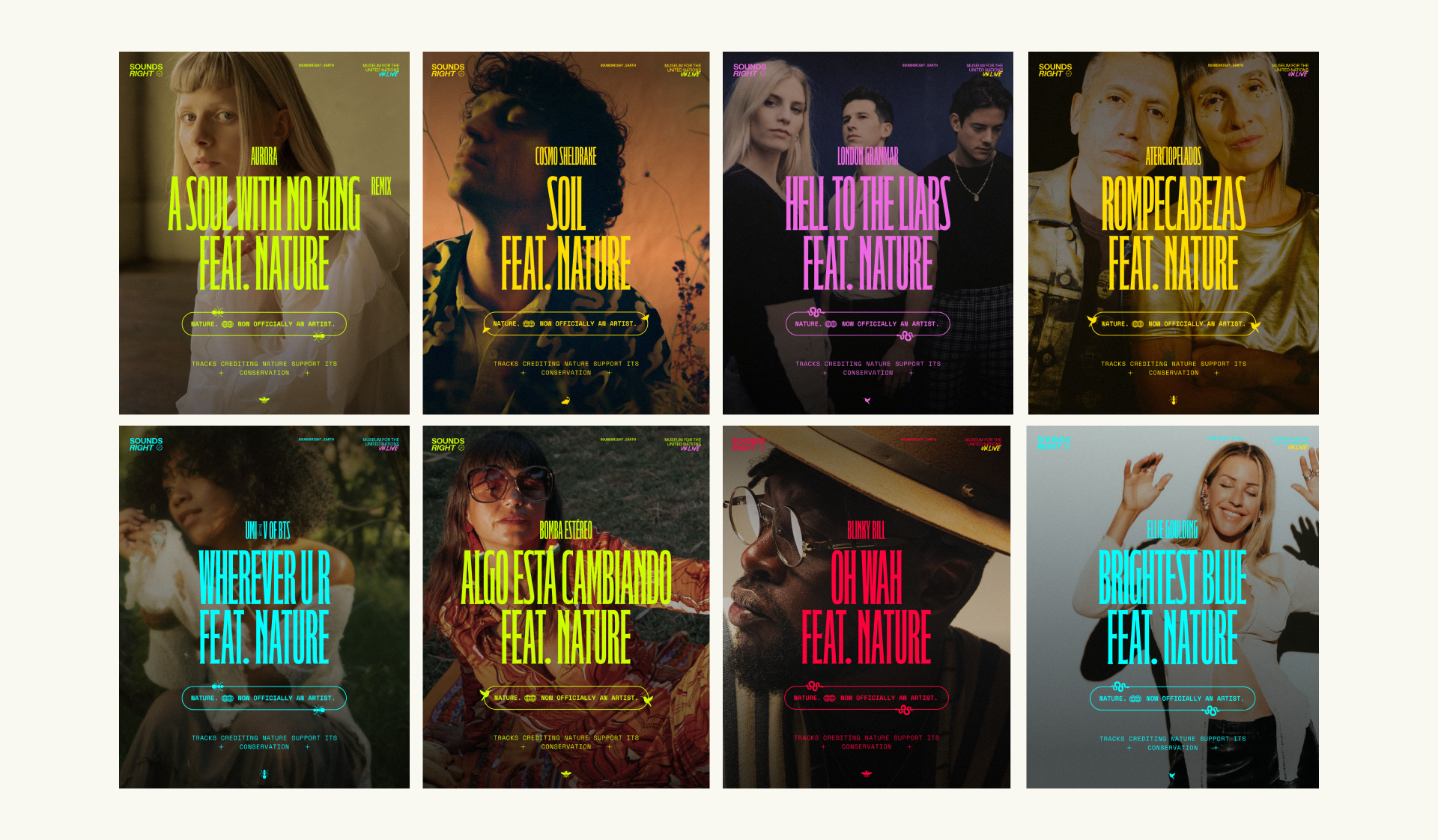 A grid of eight colorful music album covers, each featuring a different artist and the words FEAT. NATURE. Each cover includes a portrait of a musician with vibrant, bold text overlaid.