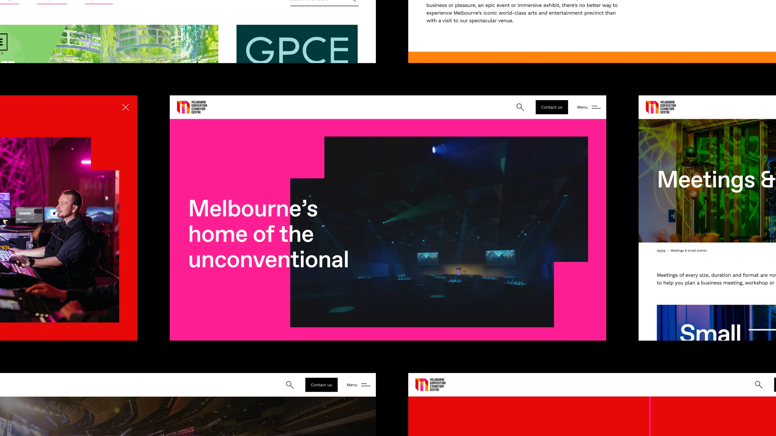 A website with a bold pink section reading “Melbourne’s home of the unconventional,” alongside a dark stage image. Other sections display event information, each bordered by black. A person wearing headphones appears on one screen.