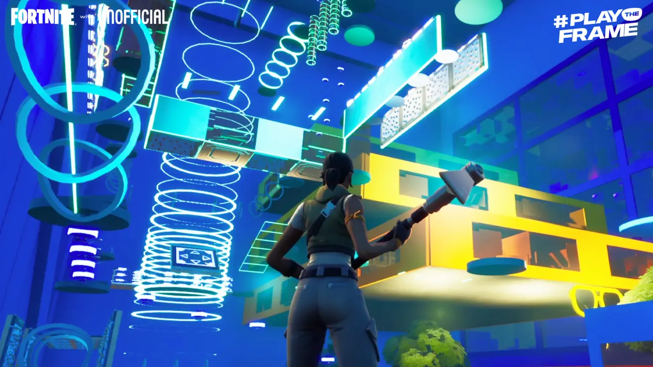A character in a futuristic, neon-lit environment holds a tool while facing floating geometric platforms and glowing rings in a vibrant, virtual game world. Logos for Fortnite, Play the Frame, and Official are visible.