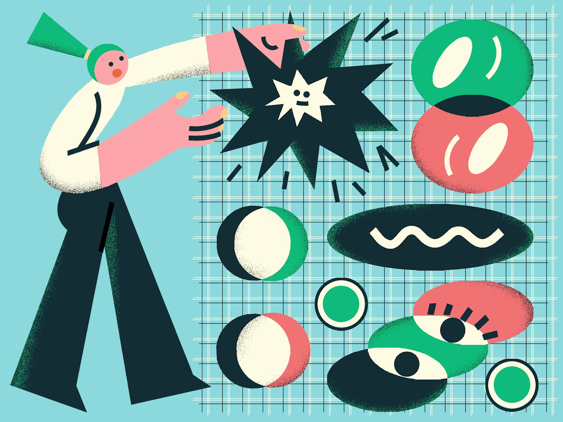 A stylized illustration of a person with green hair interacting with abstract shapes, spheres, and starbursts on a blue grid background. The artwork features green, black, white, and red colors.