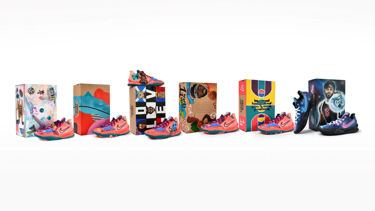 Six pairs of colorful Nike sneakers are displayed in front of their matching, artistically designed shoeboxes, each featuring unique patterns and artwork on a white background.