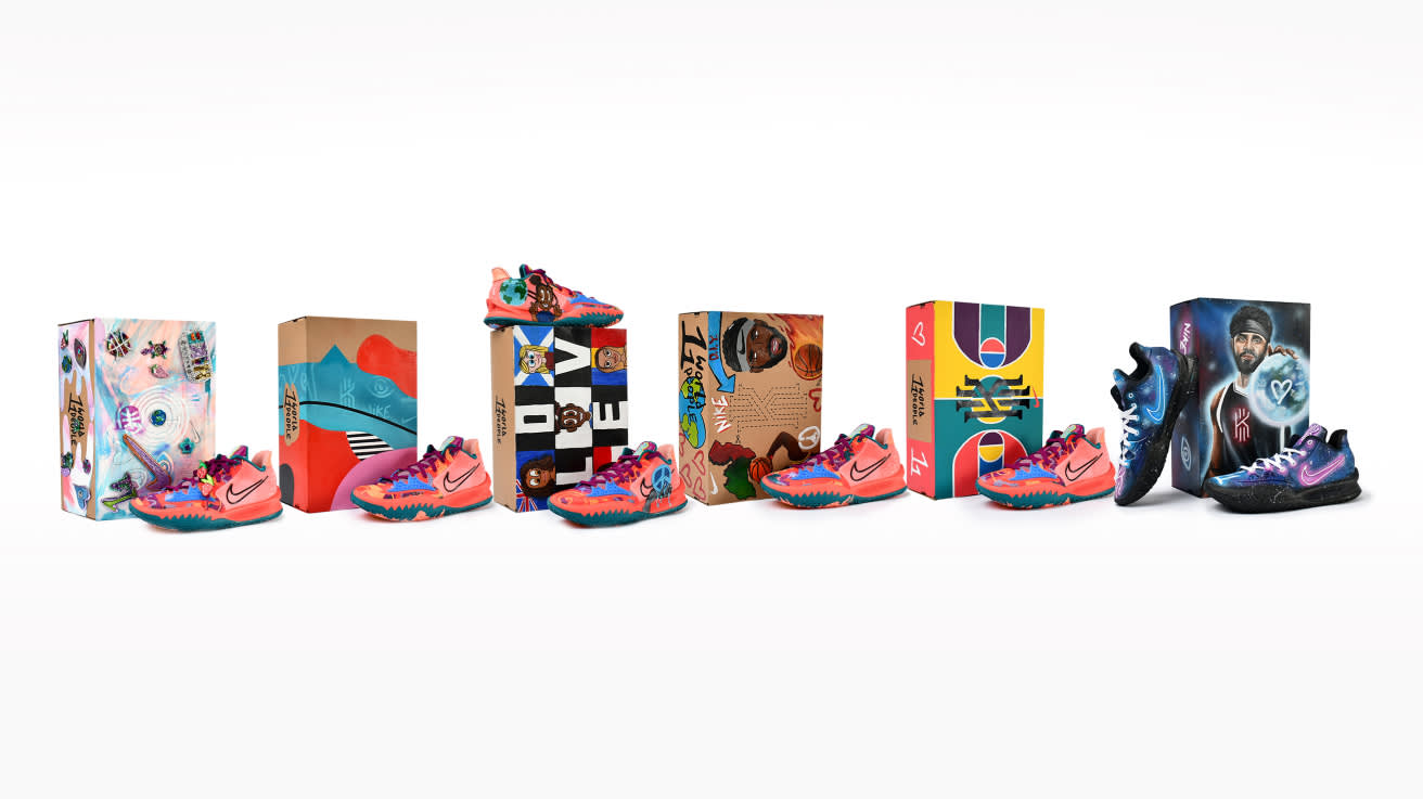 Six pairs of colorful Nike sneakers are displayed in front of their matching, artistically designed shoeboxes, each featuring unique patterns and artwork on a white background.