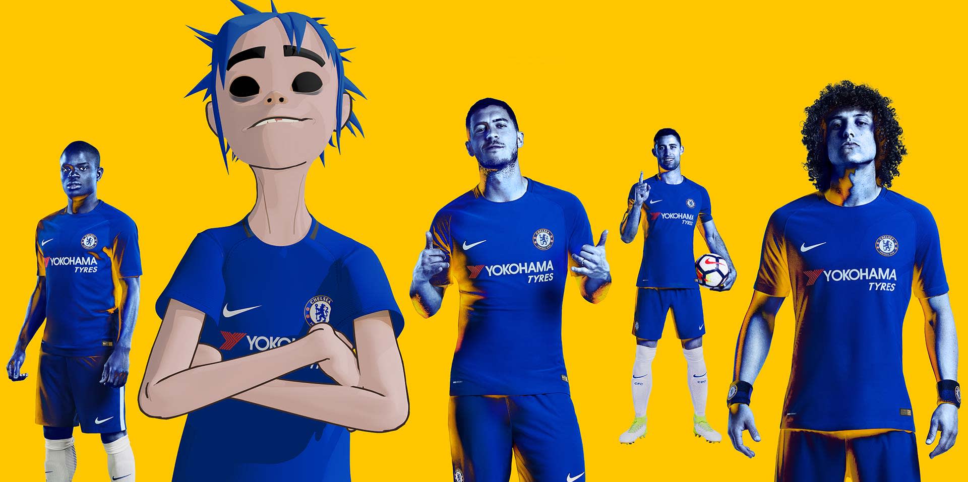 A blue-haired cartoon character stands confidently with arms crossed alongside four Chelsea football players in blue uniforms, all set against a bright yellow background.