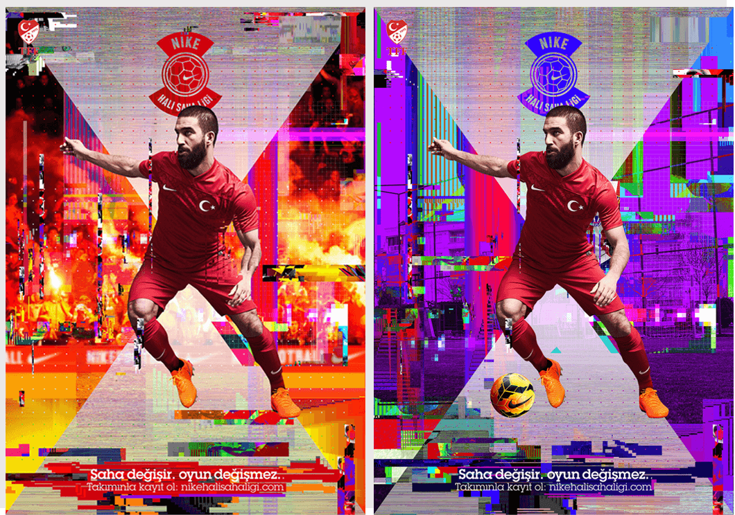 Two digital posters of a male soccer player in a red Turkish national team uniform, each with a glitch effect and vibrant colors. The player is holding a yellow ball and both posters display a Nike and Turkish Football Federation logo.