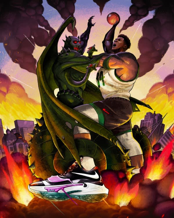 A basketball player in uniform dunks over a fierce, green dragon as flames and smoke rise from a city in the background. The scene is dynamic and intense, with exaggerated, comic book-style artwork.