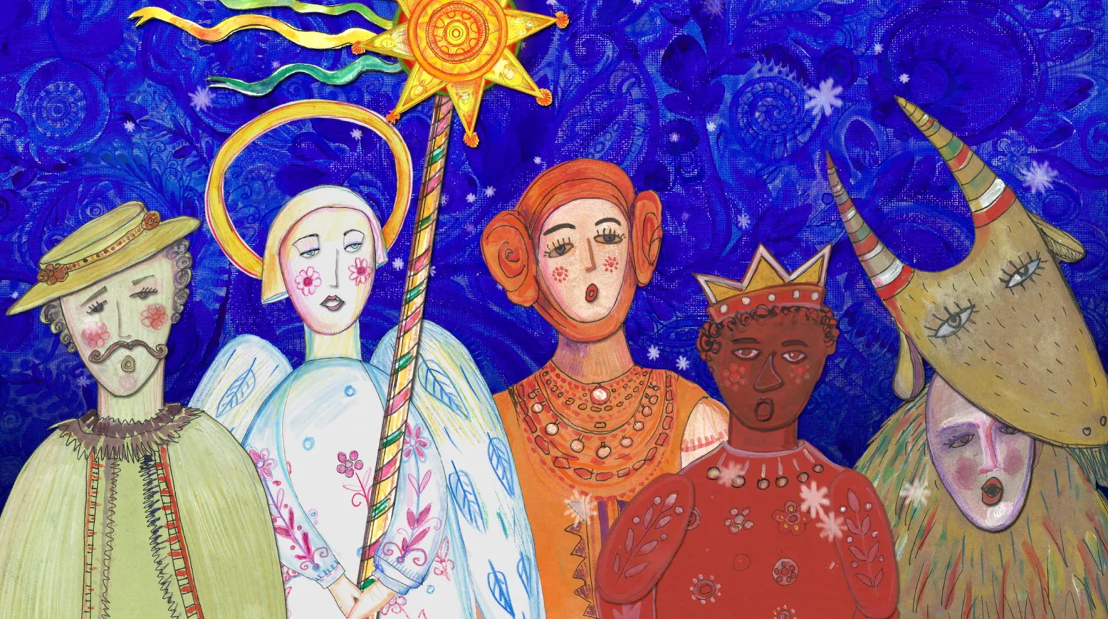 Five people in colorful, traditional costumes sing together against a vibrant blue, patterned background. They include an angel, a crowned figure, a person with horns, and others wearing ornate clothing and headpieces.