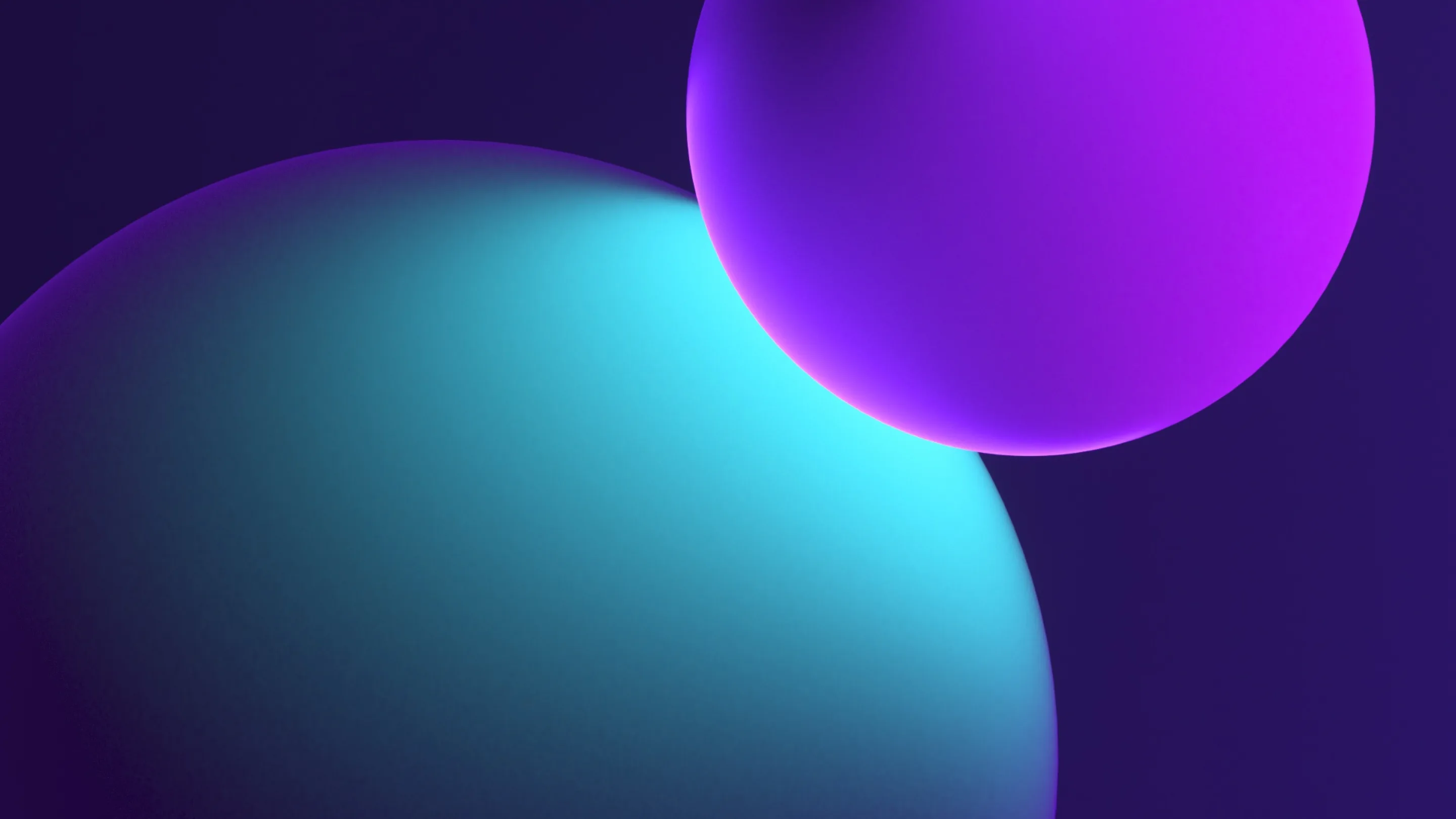Two large, smooth spheres overlap on a dark background; one sphere glows turquoise and the other glows purple, creating a vibrant, abstract composition.