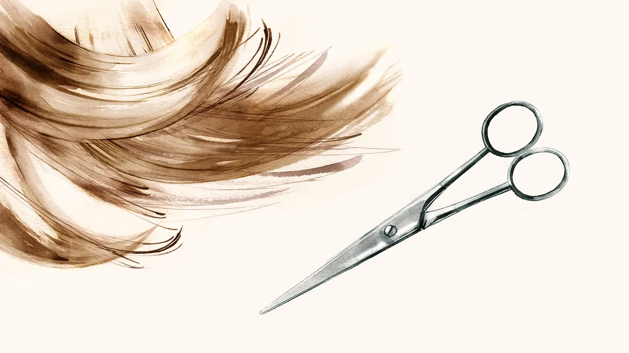 A pair of silver scissors lies next to flowing, painterly brown hair on a light background, suggesting a haircut or hairstyling theme.