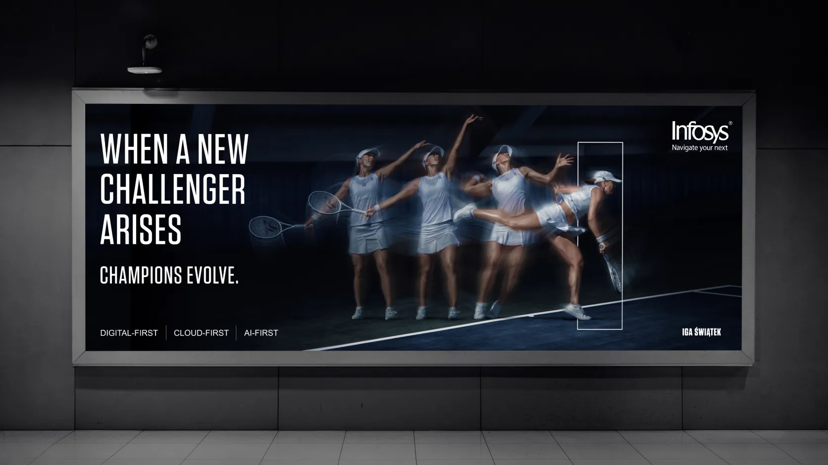 A billboard shows a tennis player in multiple motion blur poses hitting a ball, with the text: When a new challenger arises, champions evolve. Infosys logo and tech phrases appear in the top right and bottom left corners.