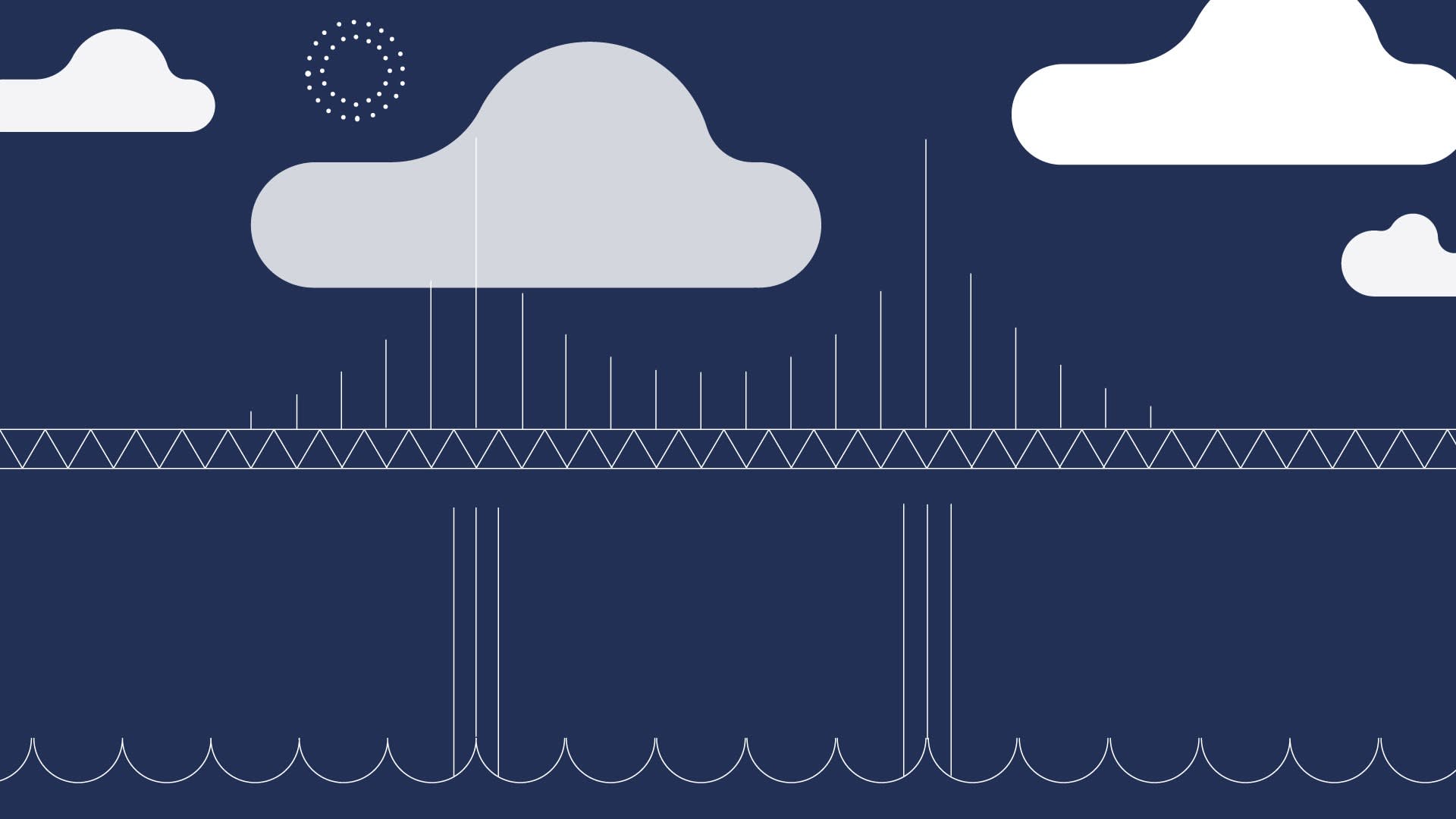 Minimalist illustration of a bridge over water, with clouds and a sun or moon made of dots in the dark blue sky, and geometric lines representing the bridge and water.