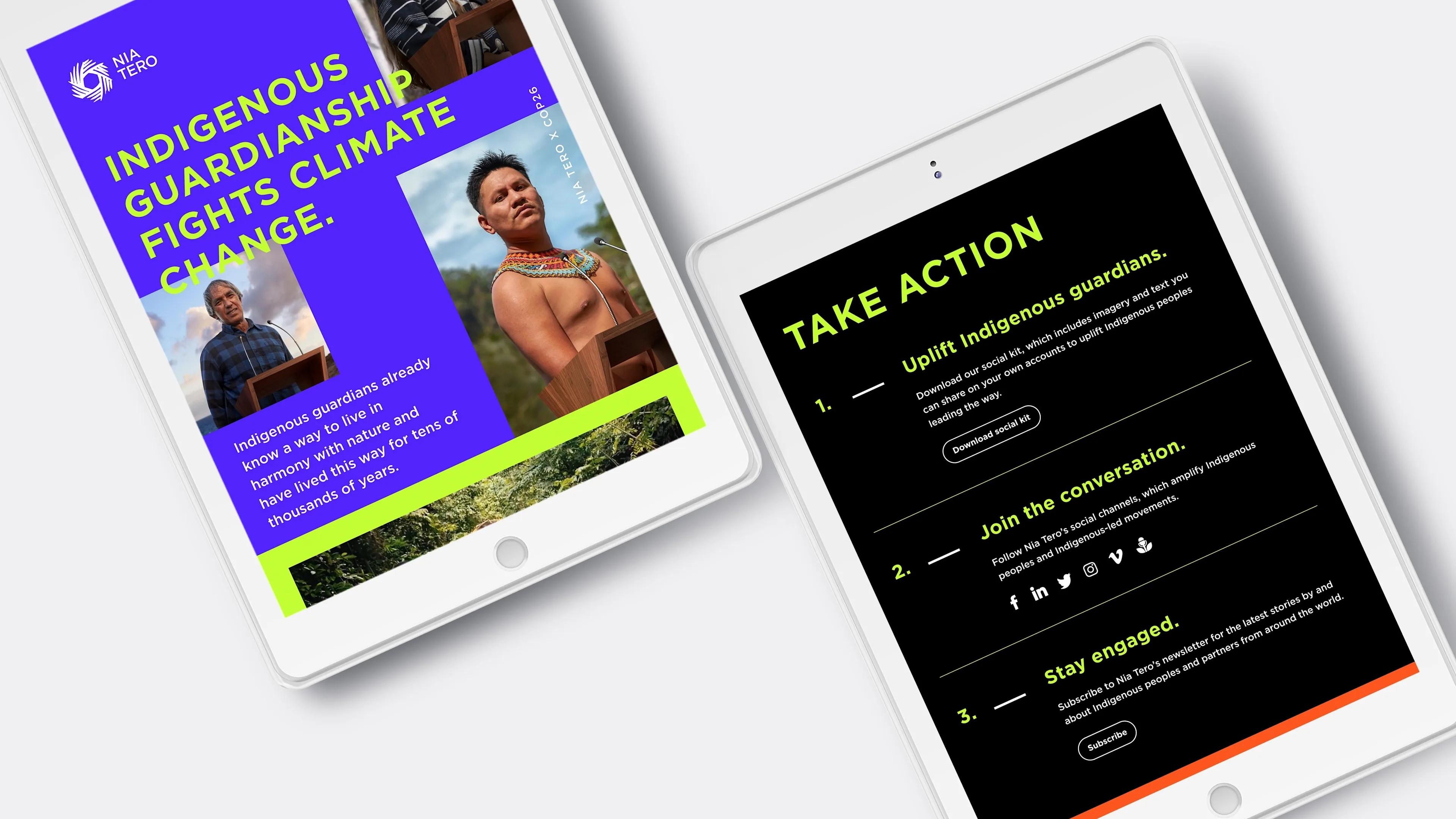 Two tablets display a climate advocacy website. The left screen shows a headline about Indigenous guardianship fighting climate change, with photos of Indigenous people. The right screen lists action steps in bright green text on a black background.