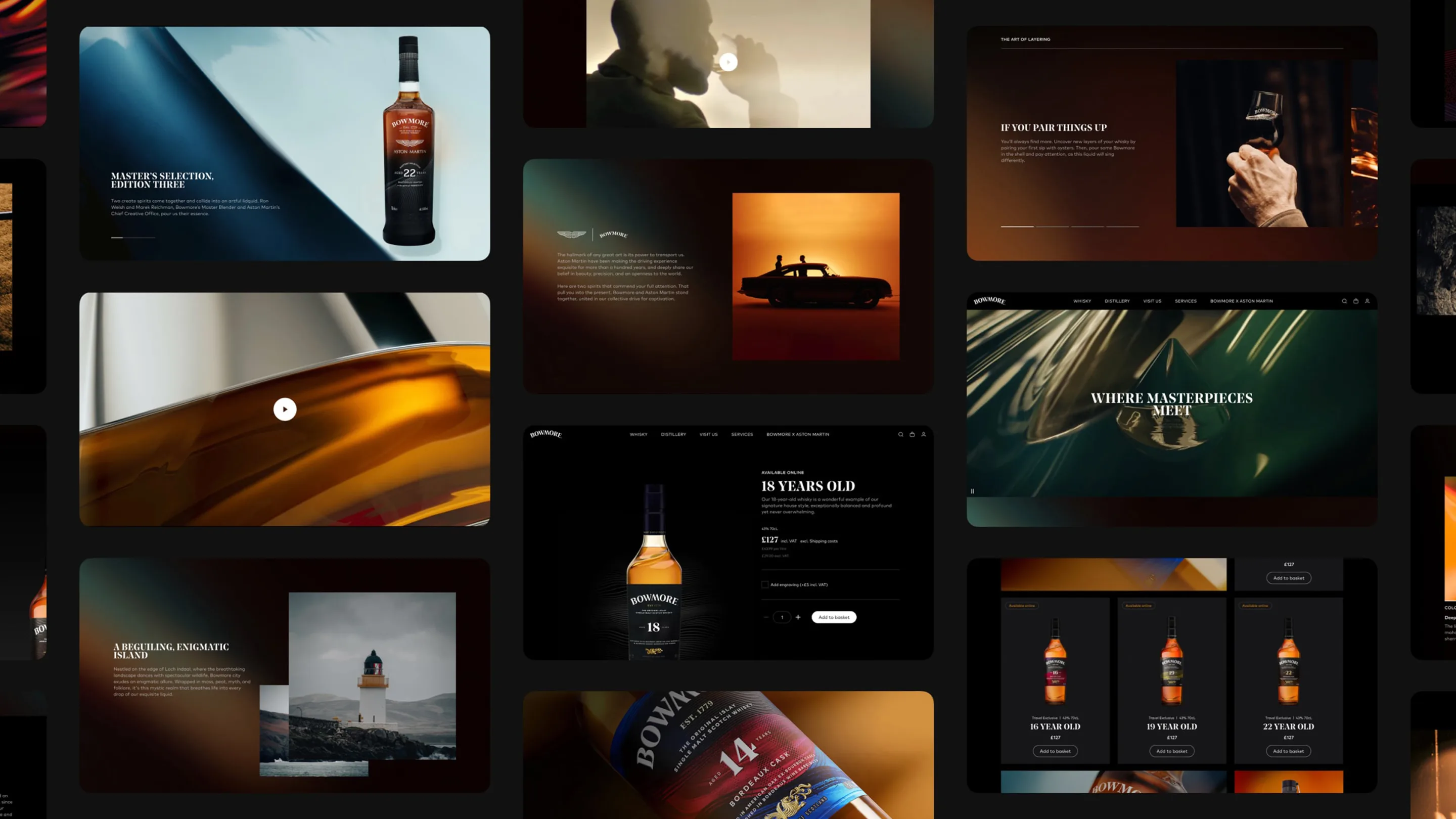A collage of elegant whisky-themed website designs, featuring bottles, glasses, pouring whisky, luxury motifs, soft lighting, and dark backgrounds, showcasing branding for premium whisky products.