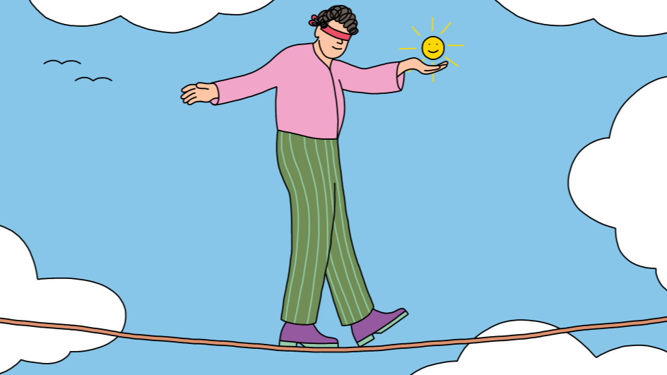 A blindfolded person walks on a tightrope in the sky, surrounded by clouds, balancing with one hand and holding a smiling sun in the other.