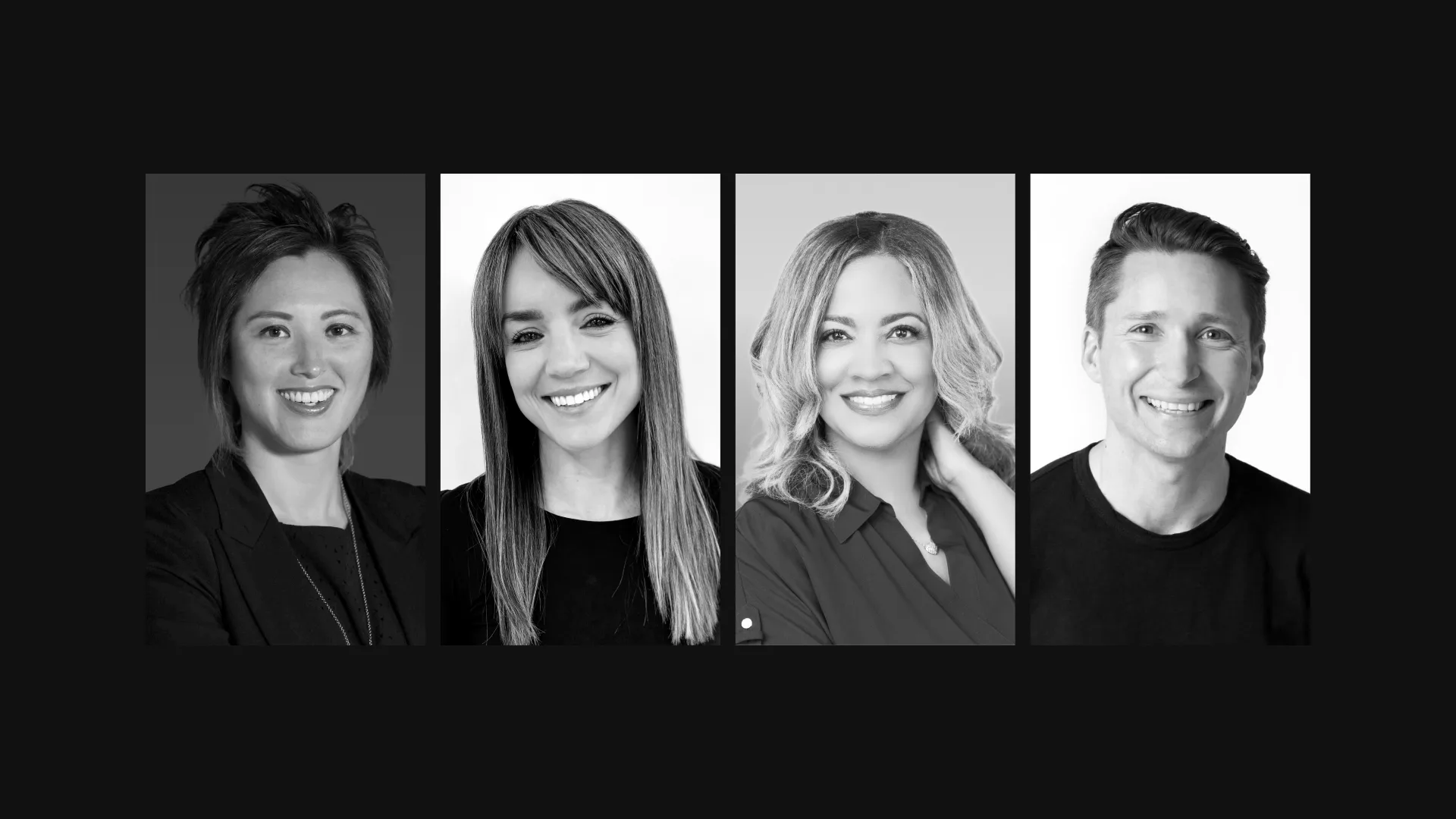 Four people pose for individual black-and-white portraits, each smiling and facing the camera, against plain backgrounds.