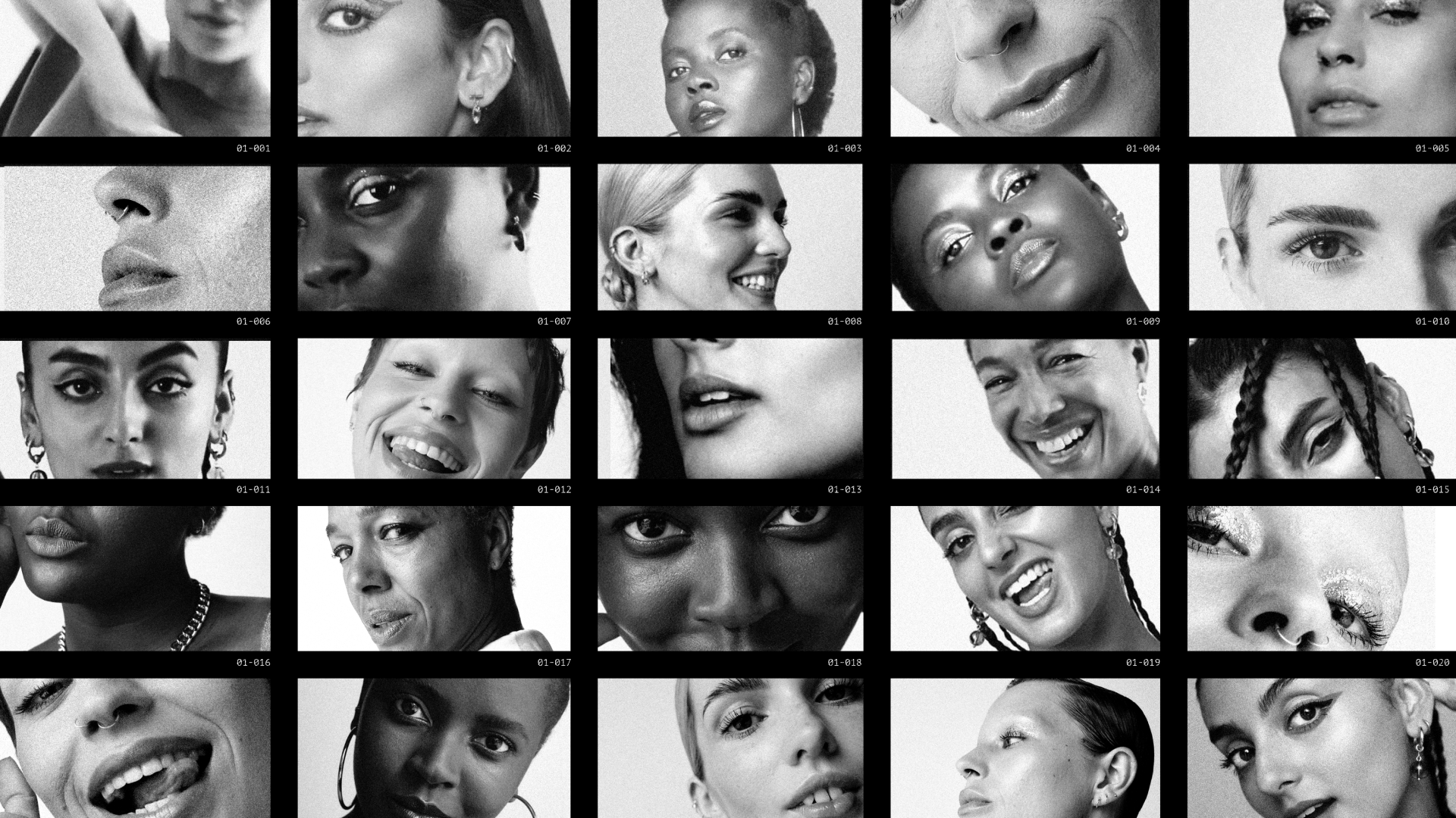 A collage of black and white close-up portraits of diverse people, highlighting faces, eyes, lips, and smiles in individual frames arranged in a grid pattern.