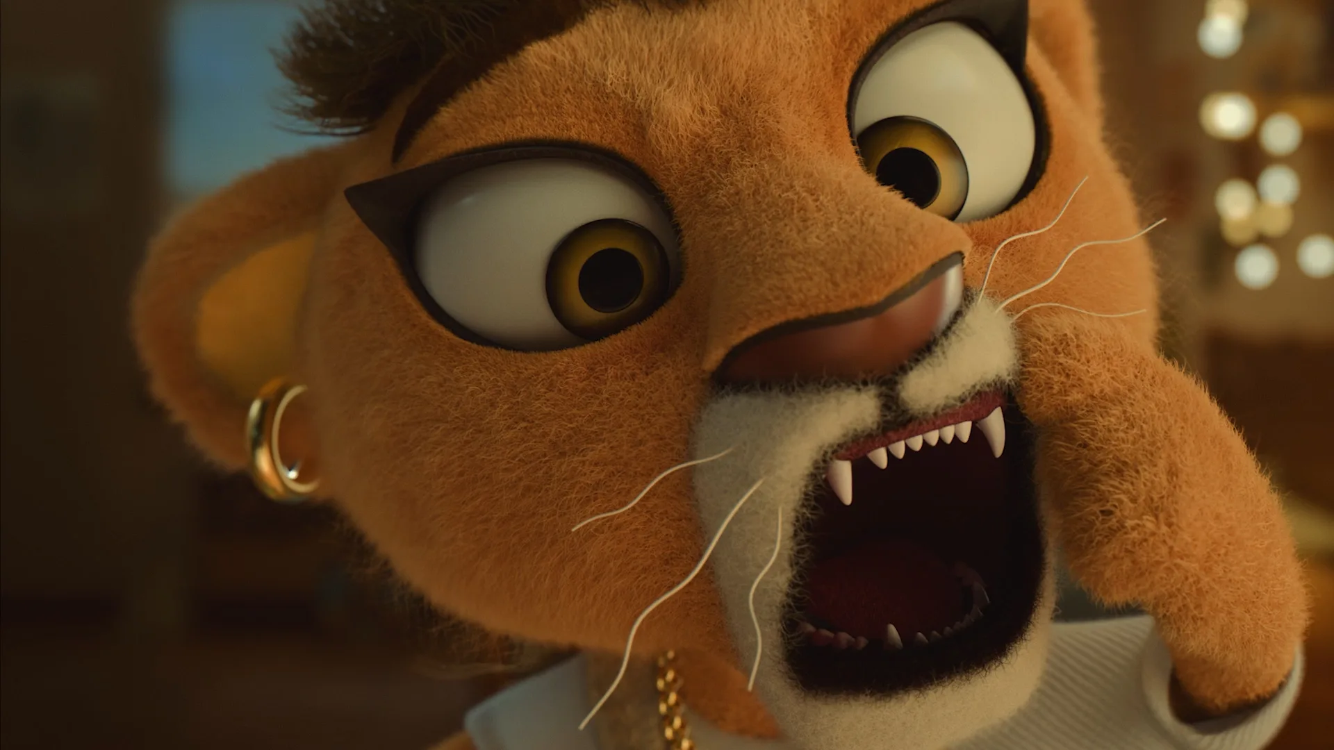 A close-up of an animated lioness character with wide eyes, sharp teeth, and a surprised or shocked expression. She has earrings, wears a gold chain, and appears to be mid-roar or gasp.