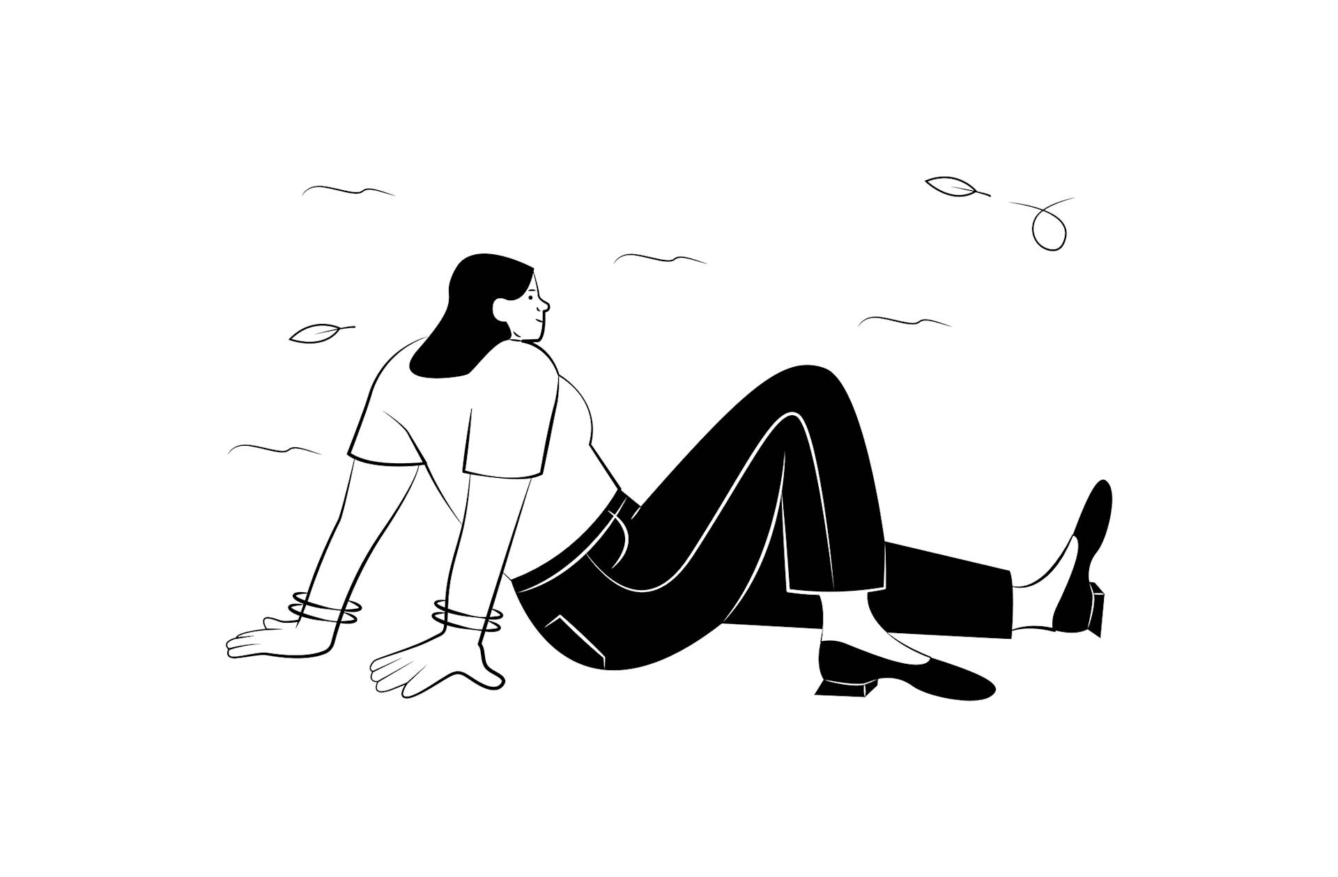 Minimalist line drawing of a person sitting on the ground, leaning back on their hands, with legs stretched out. Leaves and lines in the background suggest an outdoor setting. The figure appears relaxed and thoughtful.
