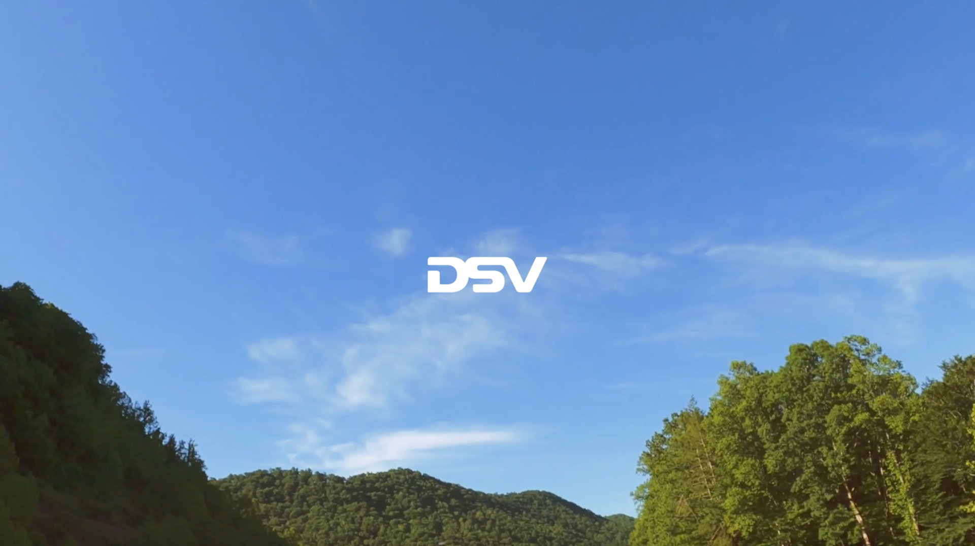 Blue sky with wispy clouds above green, tree-covered hills, featuring a white DSV logo centered in the sky.