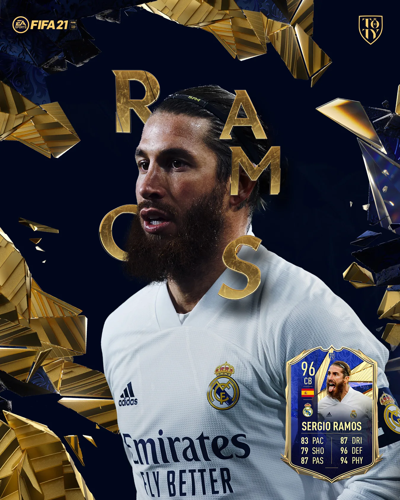 Sergio Ramos, in a Real Madrid jersey, is featured on a FIFA 21 card with gold letters spelling RAMOS around him. His card highlights stats like 96 CB, 83 PAC, 87 SHO, 87 PAS, 87 DRI, 96 DEF, and 94 PHY.