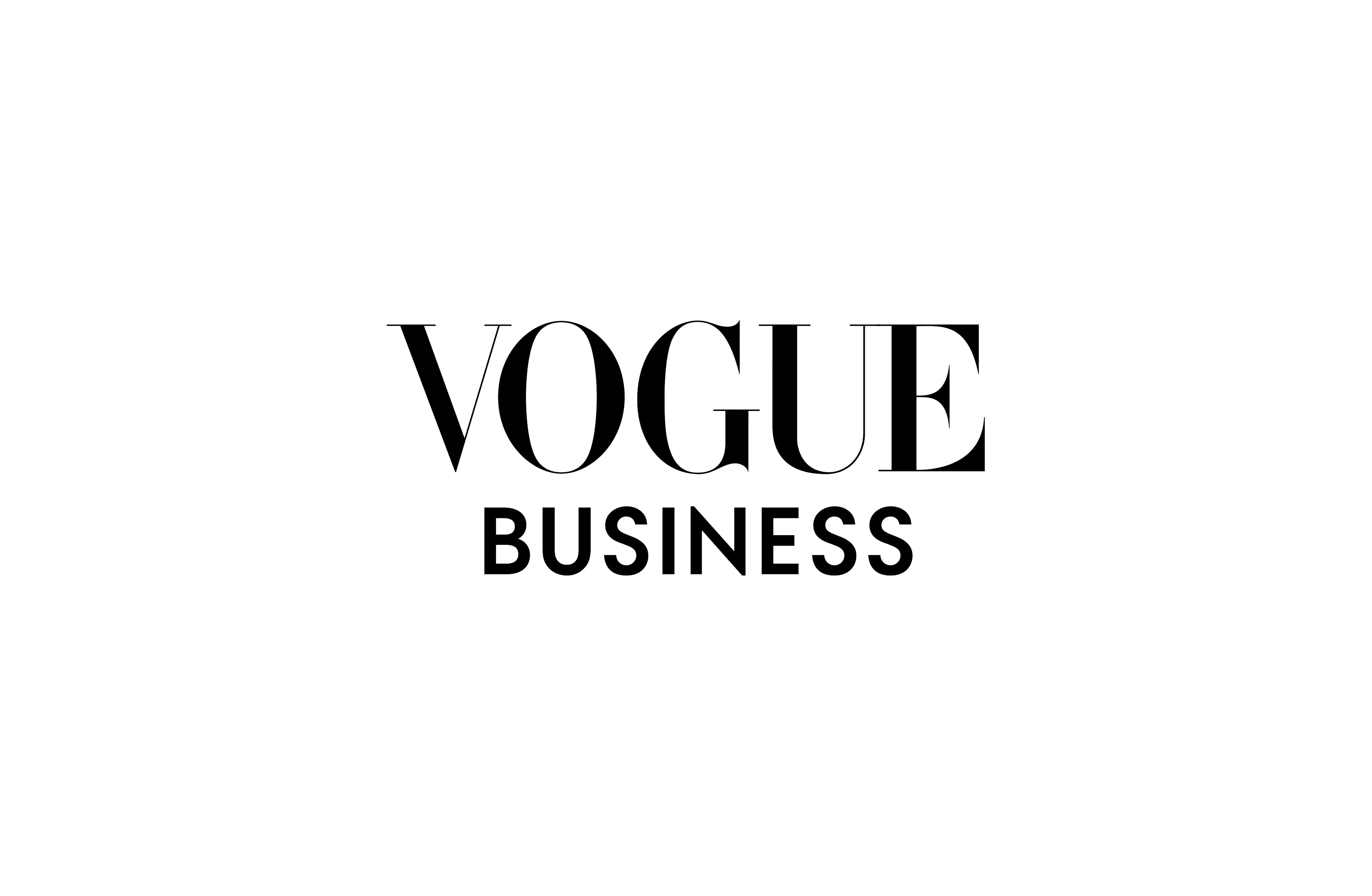 The image shows the Vogue Business logo with VOGUE in large, elegant serif font above BUSINESS in smaller, bold sans-serif font, centered on a white background.